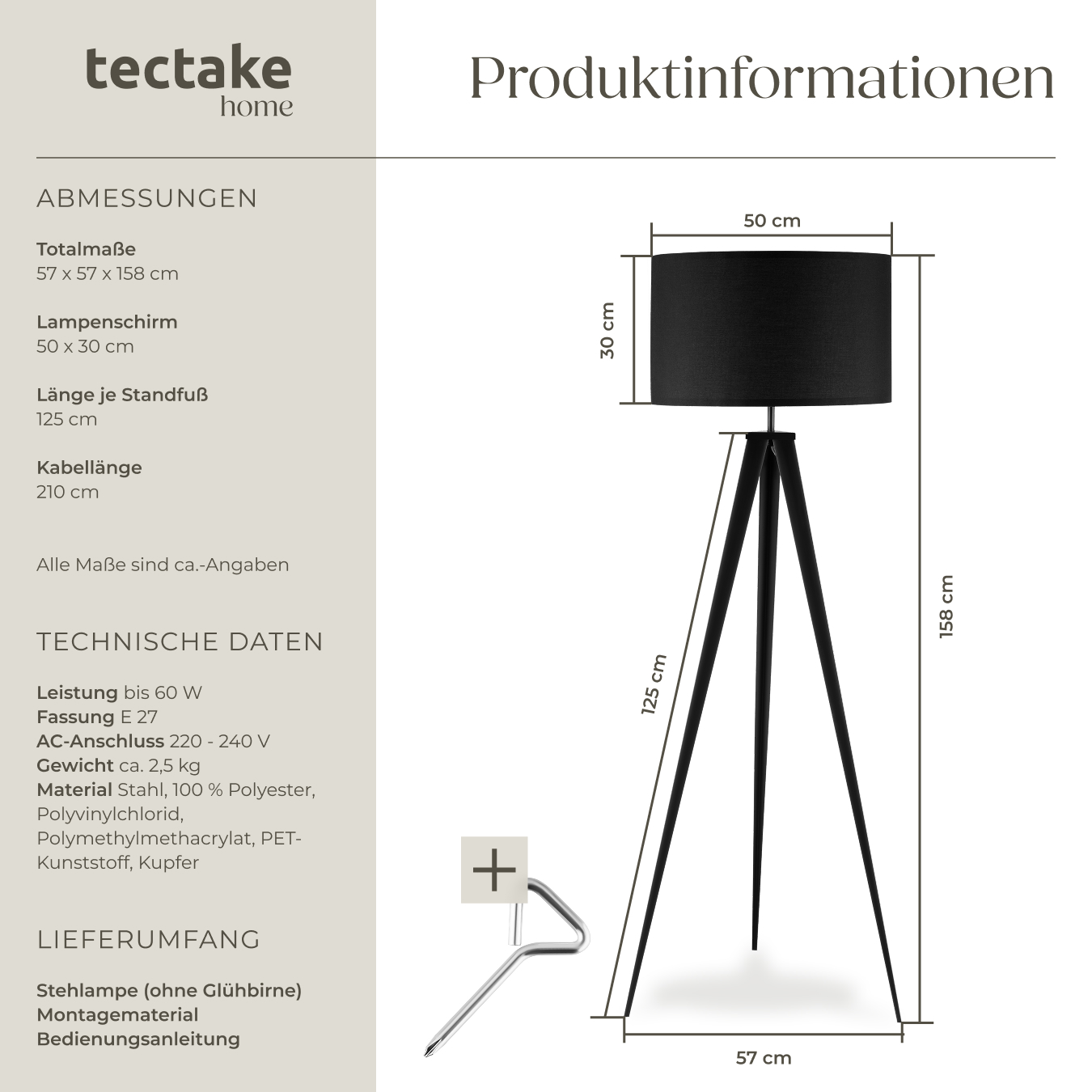 Dreibein Stehleuchte Textilschirm Lampe Beleuchtung Stehlampe Standleuchte 60W