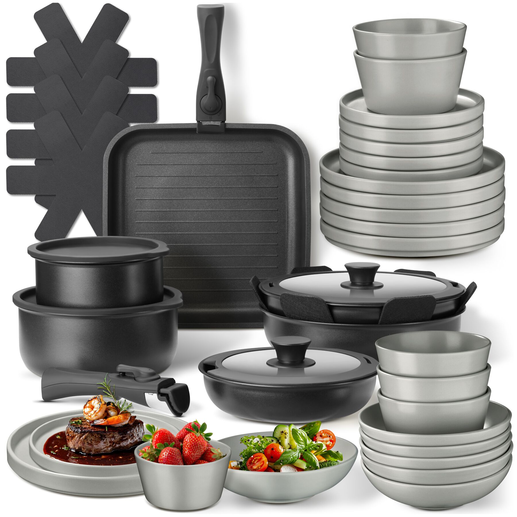 Kit de cuisine pour 6 personnes avec vaisselle, casseroles, etc. - gris/noir, 41 pièces | tectake