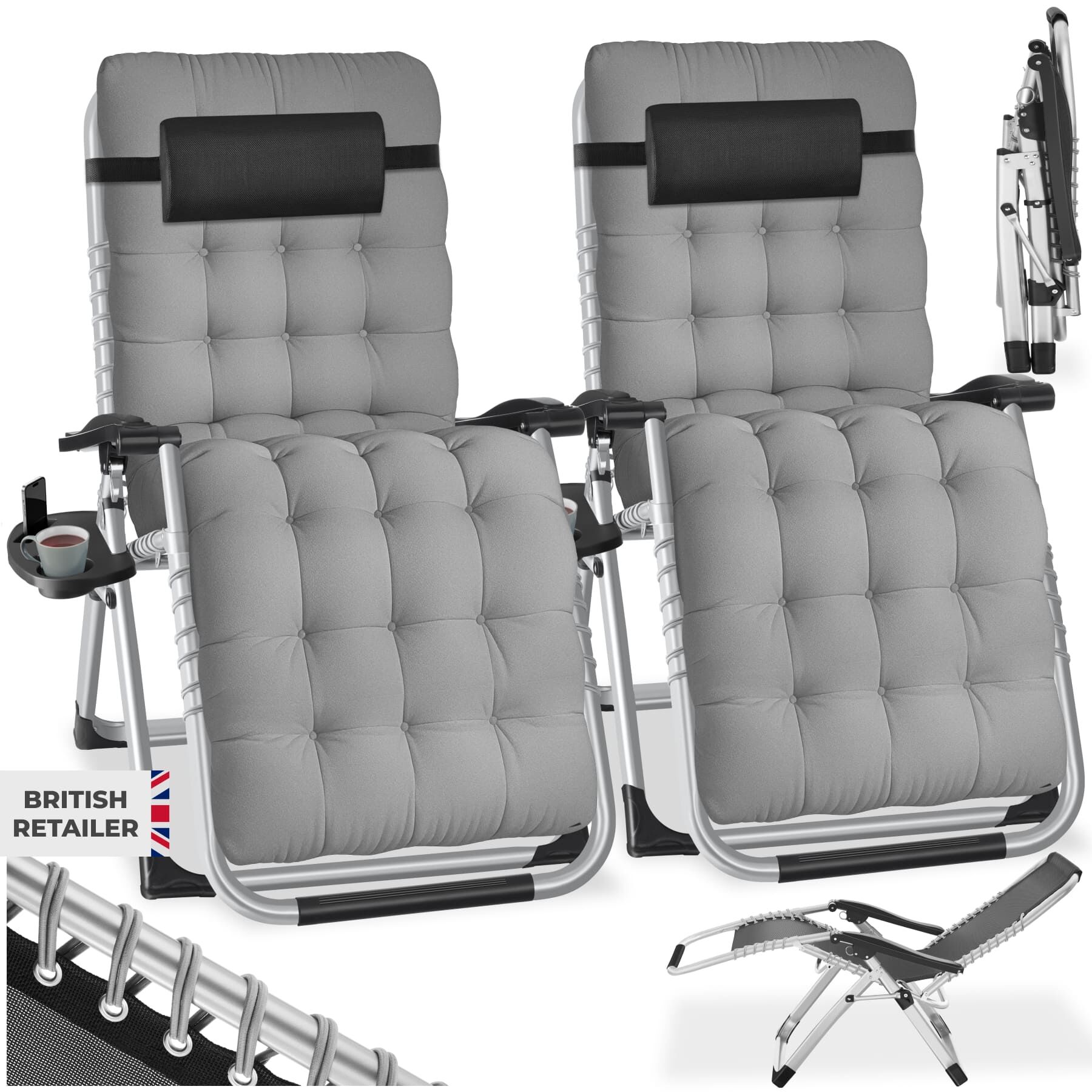 Sun Lounger Cloud - folding, adjustable backrest and footrest - light grey, Set of 2 | tectake