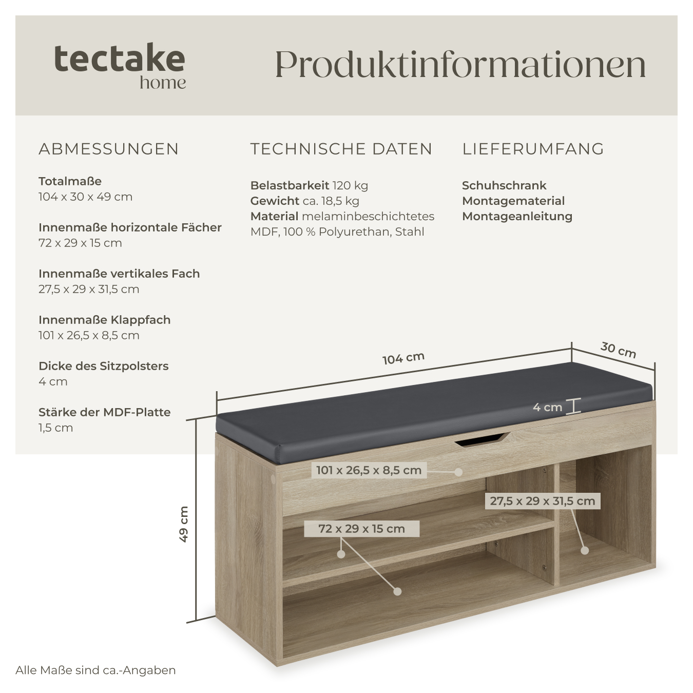Schuhbank mit Sitzkissen Holz Schuhschrank Schuhregal Sitzfläche Klappfach 104cm - Bild 31 von 37