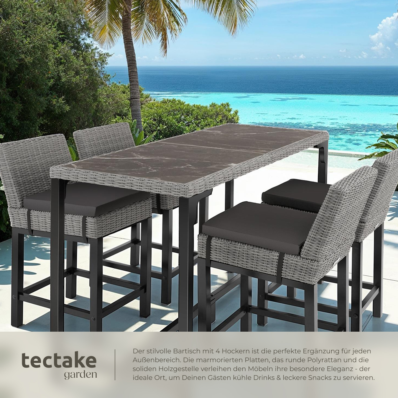 Alu Rattan Bartisch mit 4 Stühlen Barhocker Gartenbar Barset Marmor Optik Holz