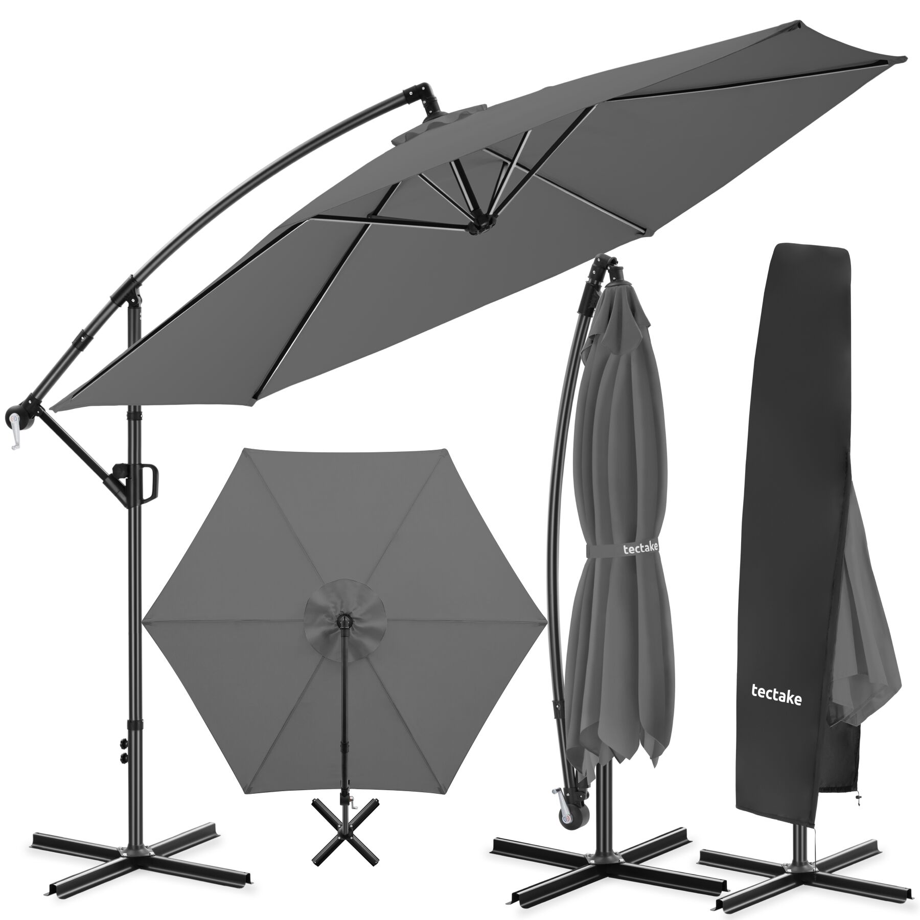 Parasol à pied déporté Artemis, pivotant à 360°, 3,5 x 3,5 m - gris | tectake