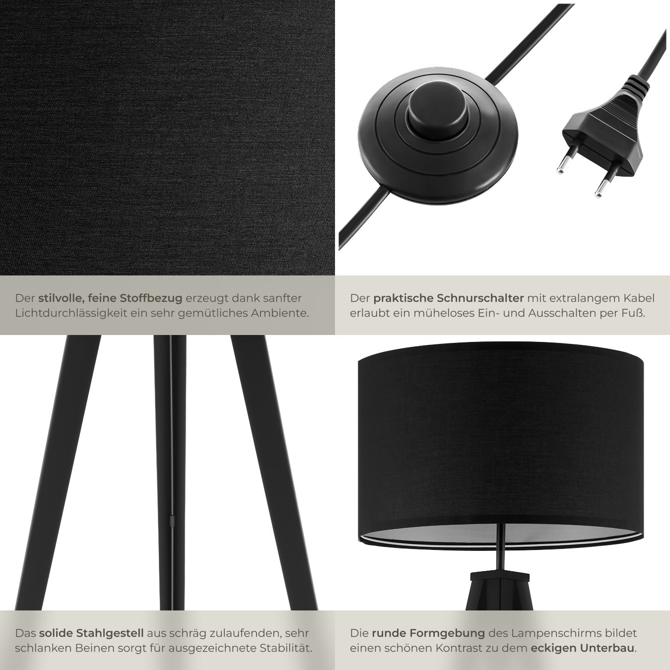 Dreibein Stehleuchte Textilschirm Lampe Beleuchtung Stehlampe Standleuchte 60W