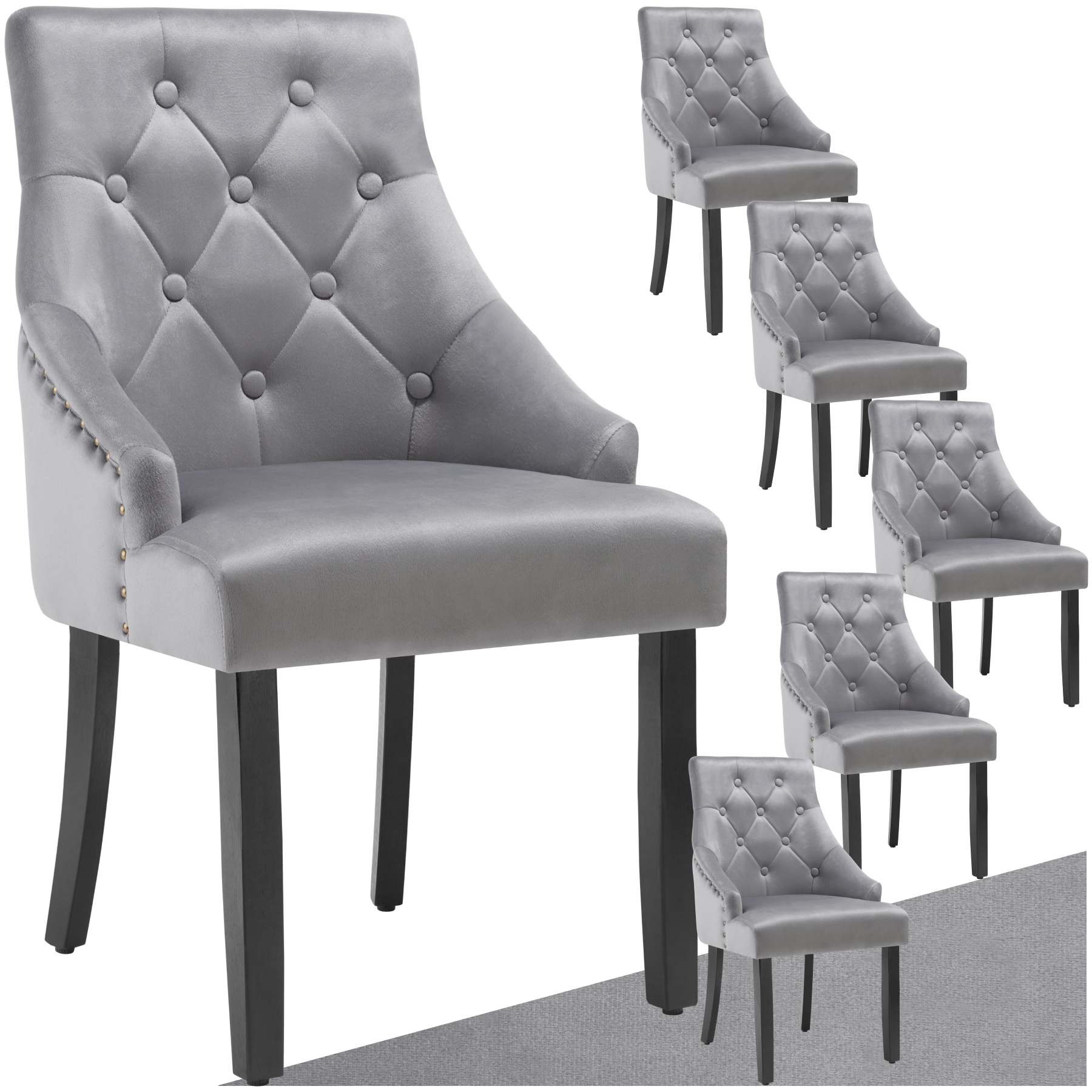 Chaise de salle à manger matelassée en velours EVERDEEN - gris clair/noir, Lot de 6 de tectake