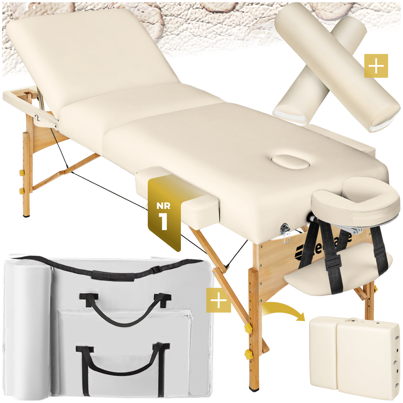 3 Zonen Massageliege-Set Somwang mit 7,5cm Polsterung, Rollen und Holzgestell - beige