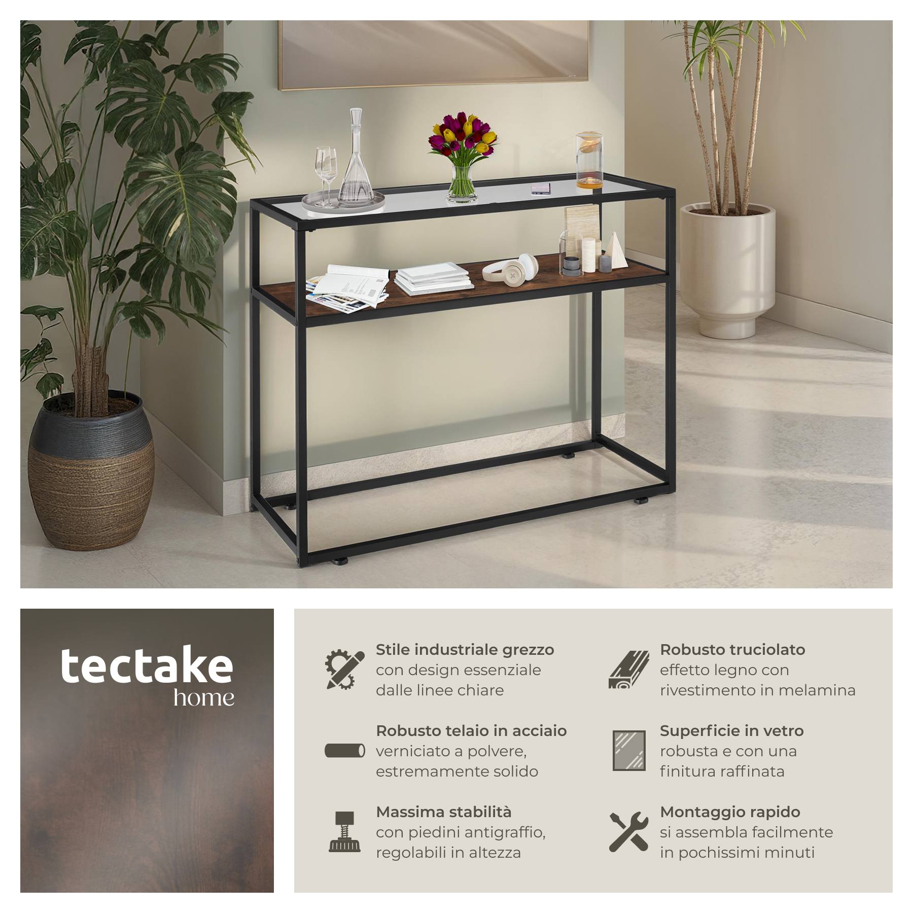Tavolo console vetro corridoio tavolino appoggio 2 ripiani legno metallo - Foto 3 di 25