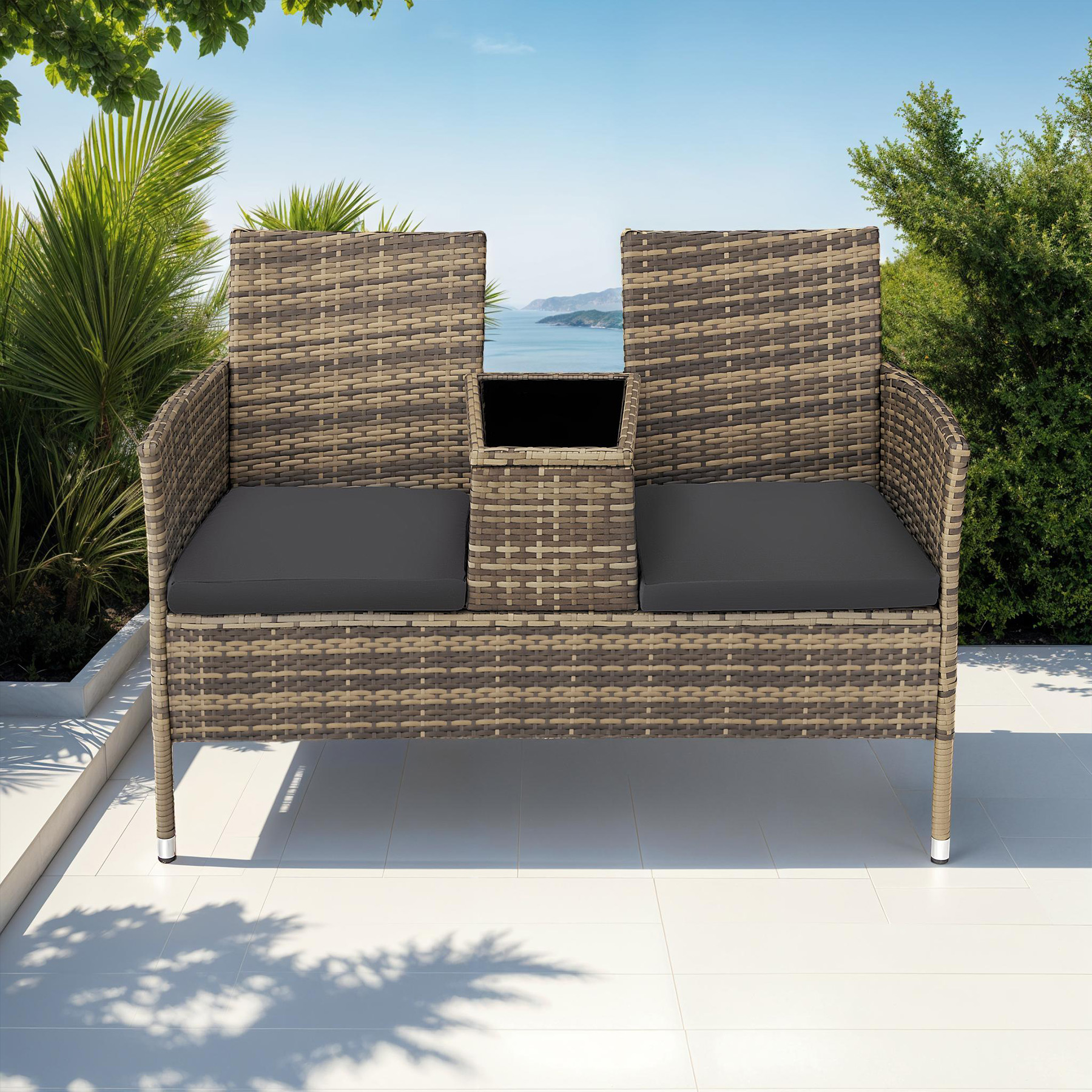 Poly Rattan Bench Glass Table Garden Furniture 2 Seats Wicker Patio Balcony New - Picture 73 of 81
