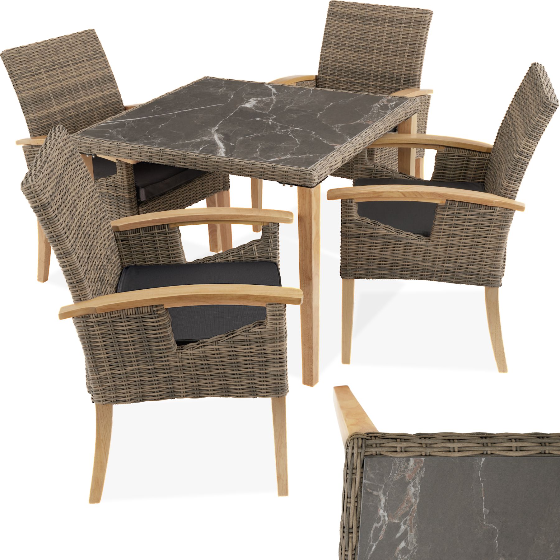 Table en rotin Tarent avec 4 chaises Rosarno - marron naturel