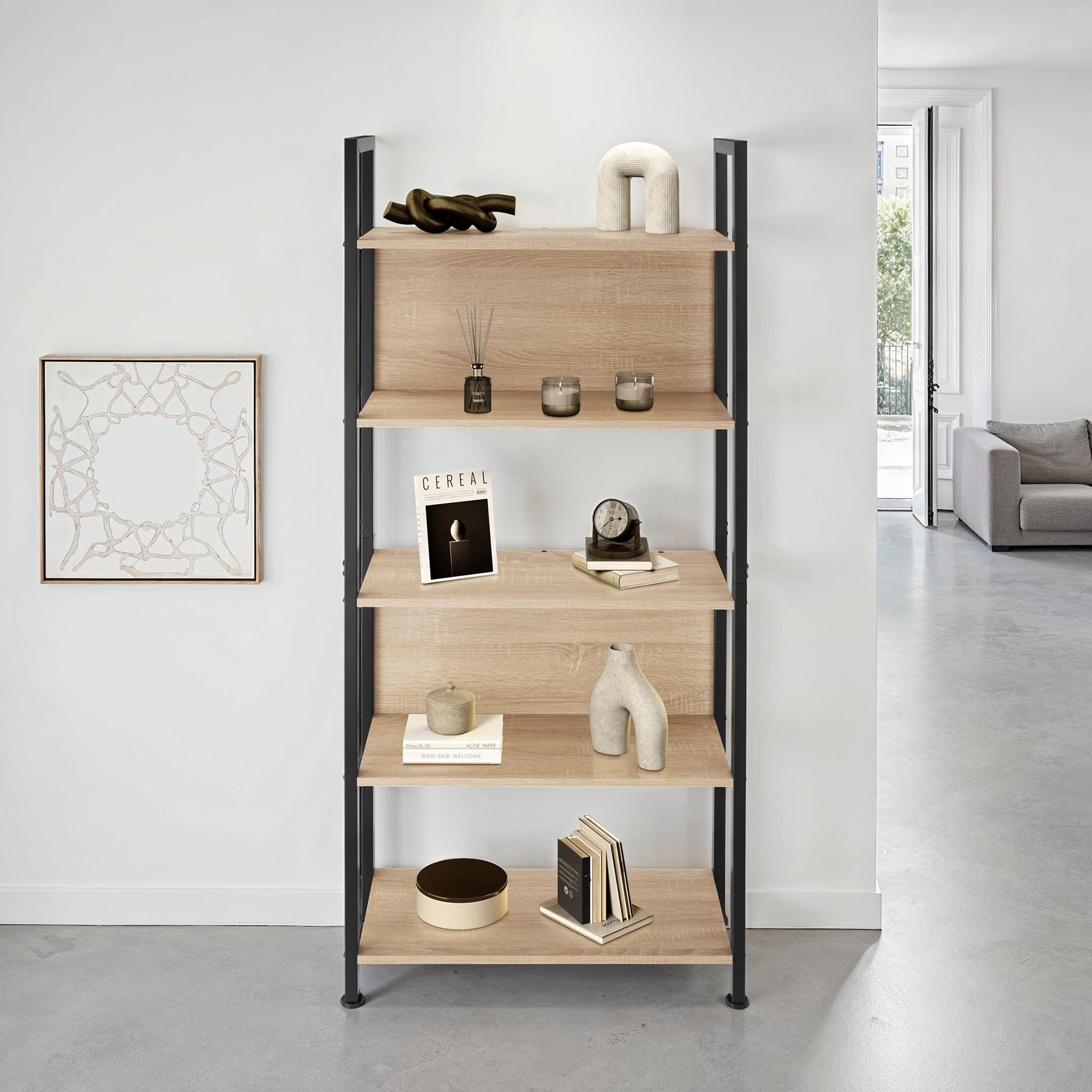Scaffale scaffalatura alta libreria con 5 ripiani muro legno metallo industrial - Foto 24 di 25