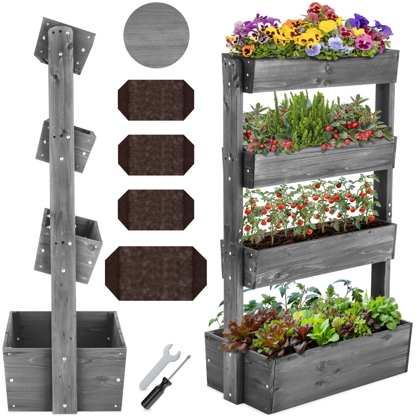 Vertical Planter Flora in a Rustic Wooden Design with 3 to 5 Tiers and Plant Fleece Included - grey, 85 x 45 x 140 cm