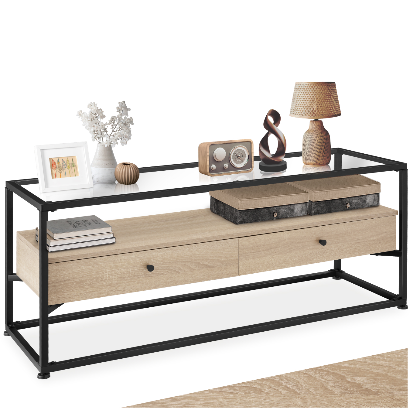 Lowboard Sideboard TV-Regal Fernsehtisch 2 Schubladen Glas Holz Metall Industrie