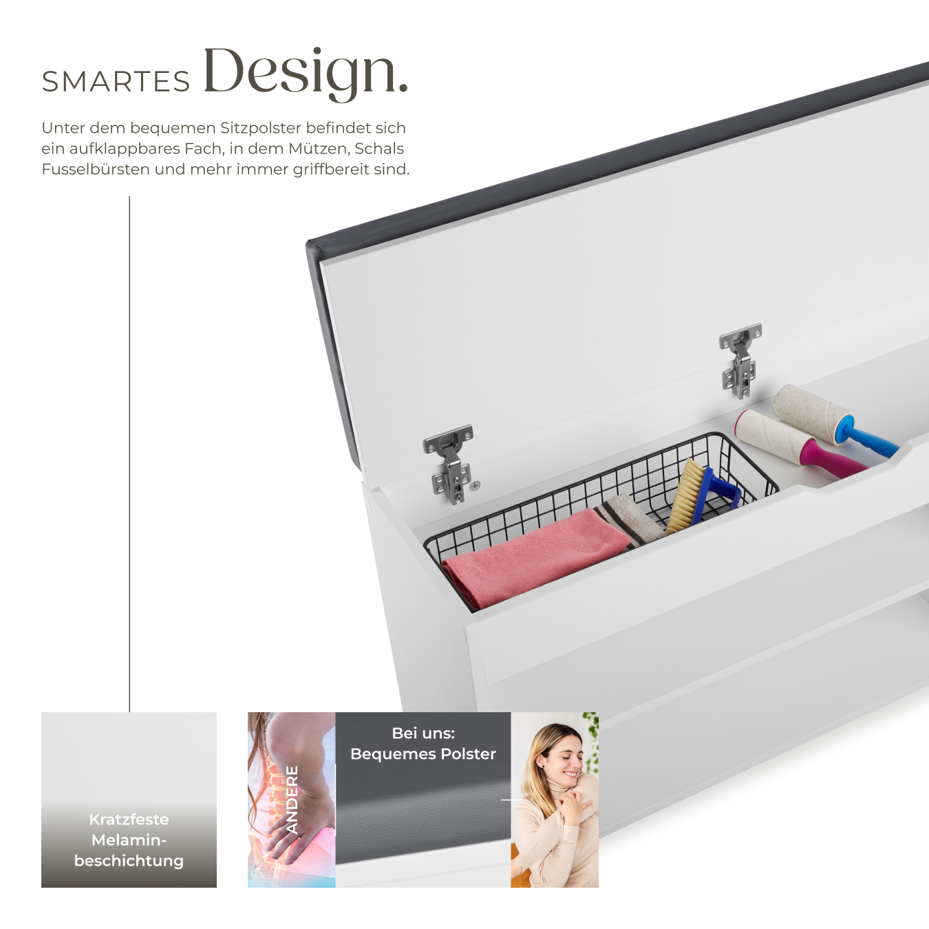 Schuhbank mit Sitzkissen Holz Schuhschrank Schuhregal Sitzfläche Klappfach 104cm - Bild 4 von 37