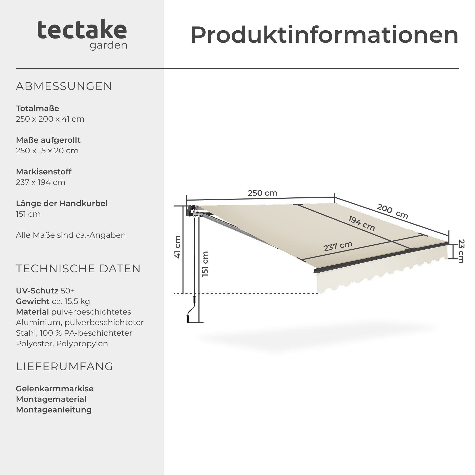Balkonmarkise Sonnendach Wandhalterung Terrassenüberdachung Sichtschutz Markise
