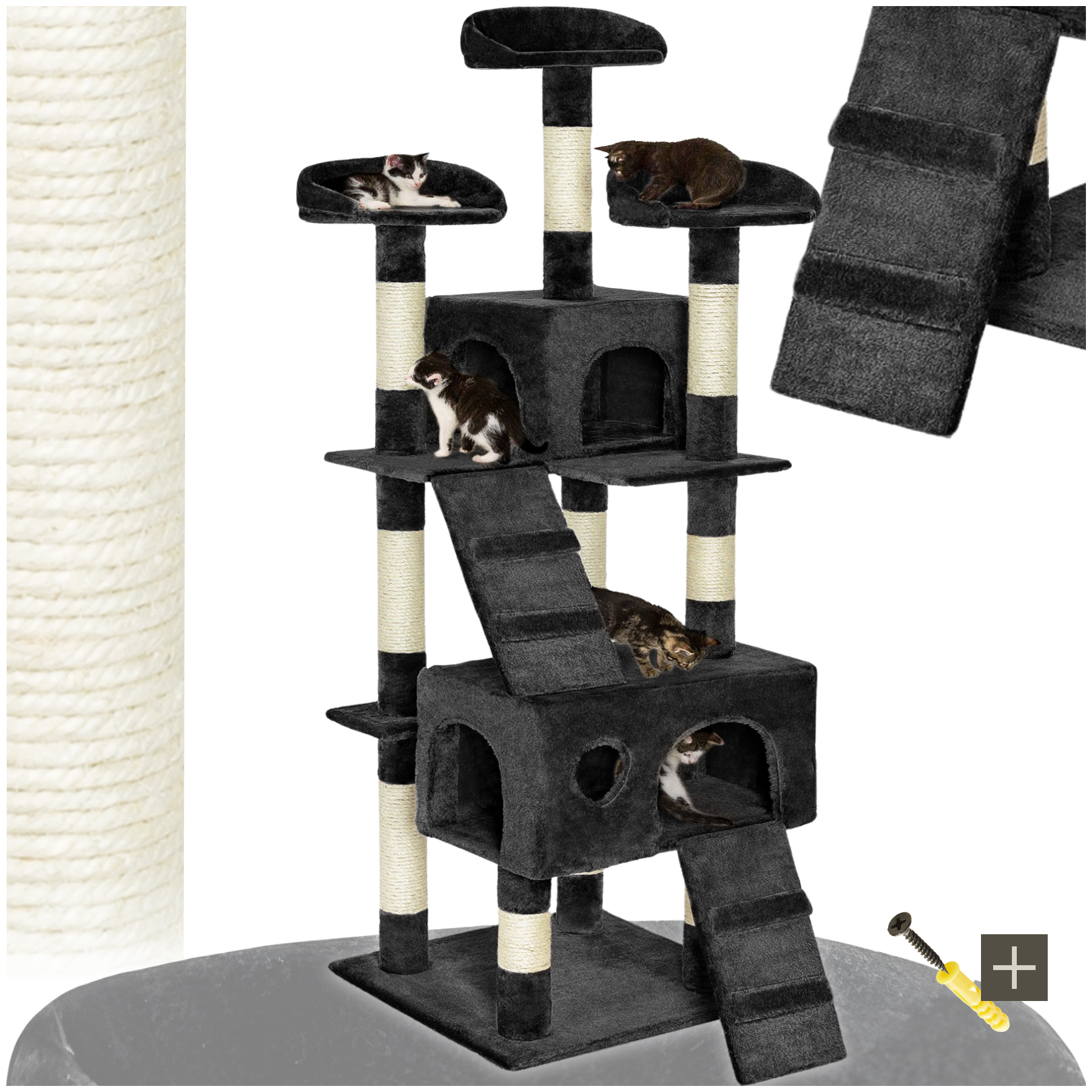 Kratzbaum, 170 cm, Sisal, mit 2 Katzenhäusern - schwarz