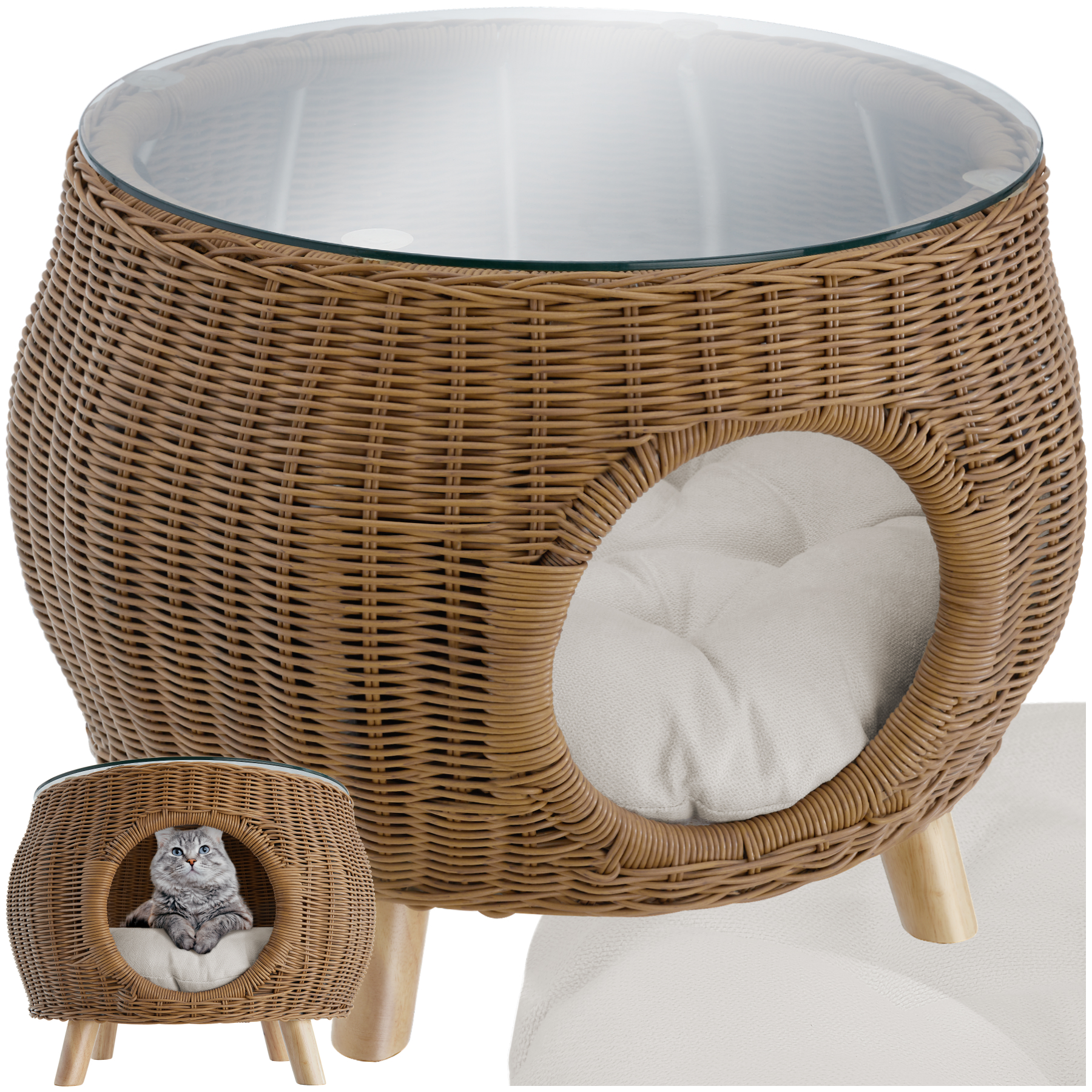 Rattan Couchtisch Tivoli mit Haustierbett, 75 kg belastbar - natur