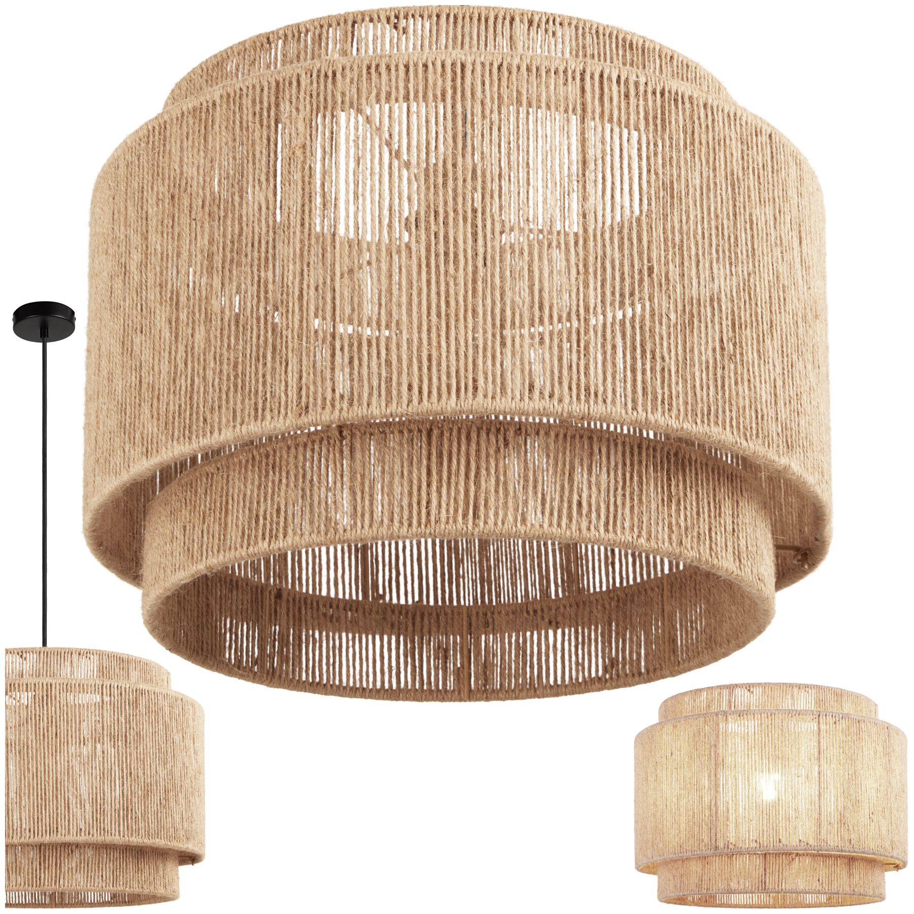Pendant Light Lignea in 3 Tiers, Jute Fibre and Boho Chic Design - nature | tectake