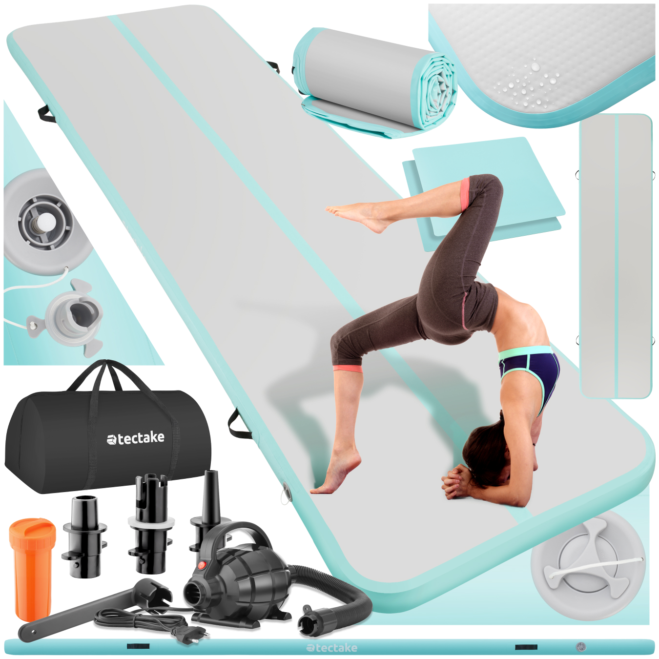 Aufblasbare Trainingsmatte AirFlexy mit elektr. Luftpumpe - grau/blau