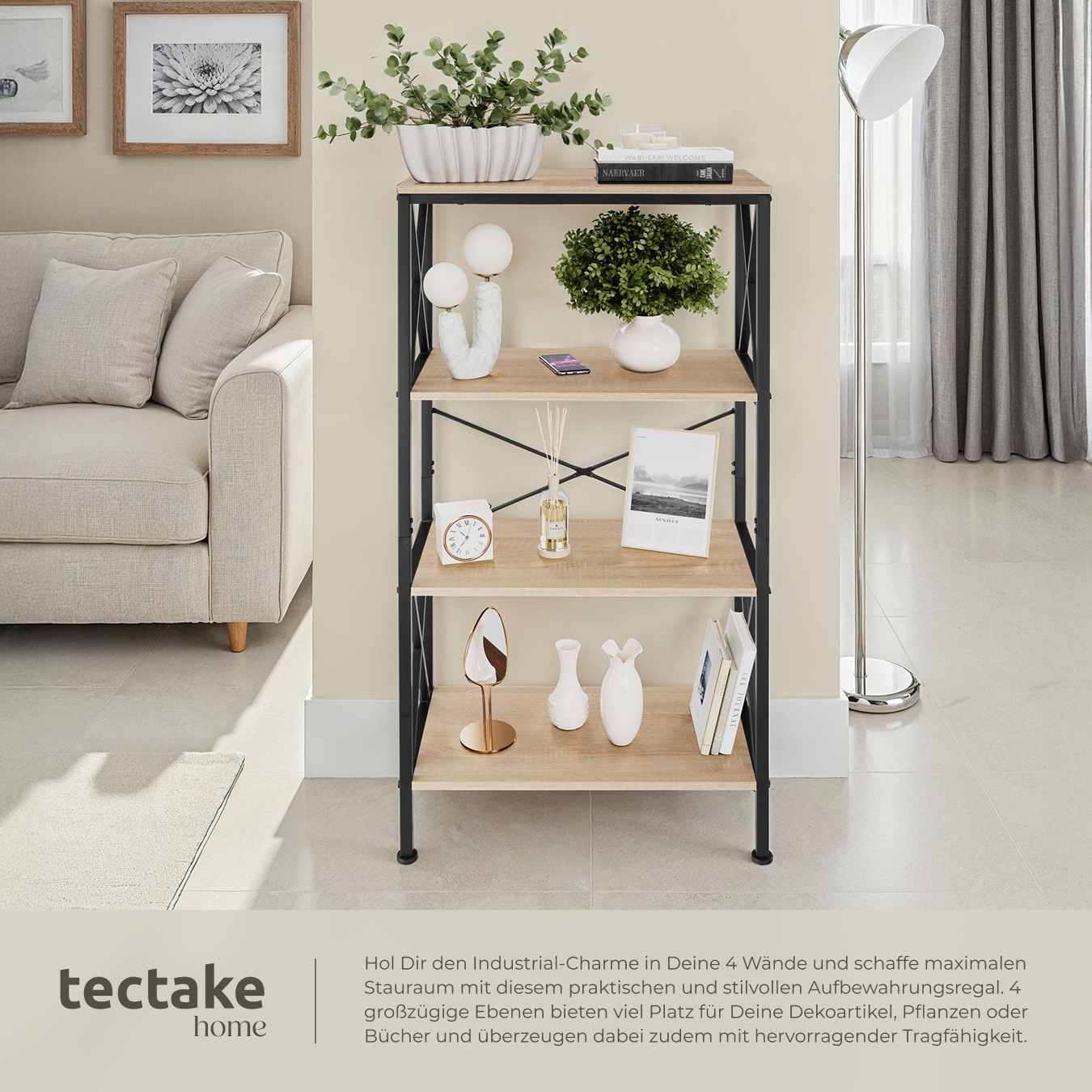 Regal Standregal Bücherregal mit 4 Ebenen Küchenregal Holz Metall Industrie Stil