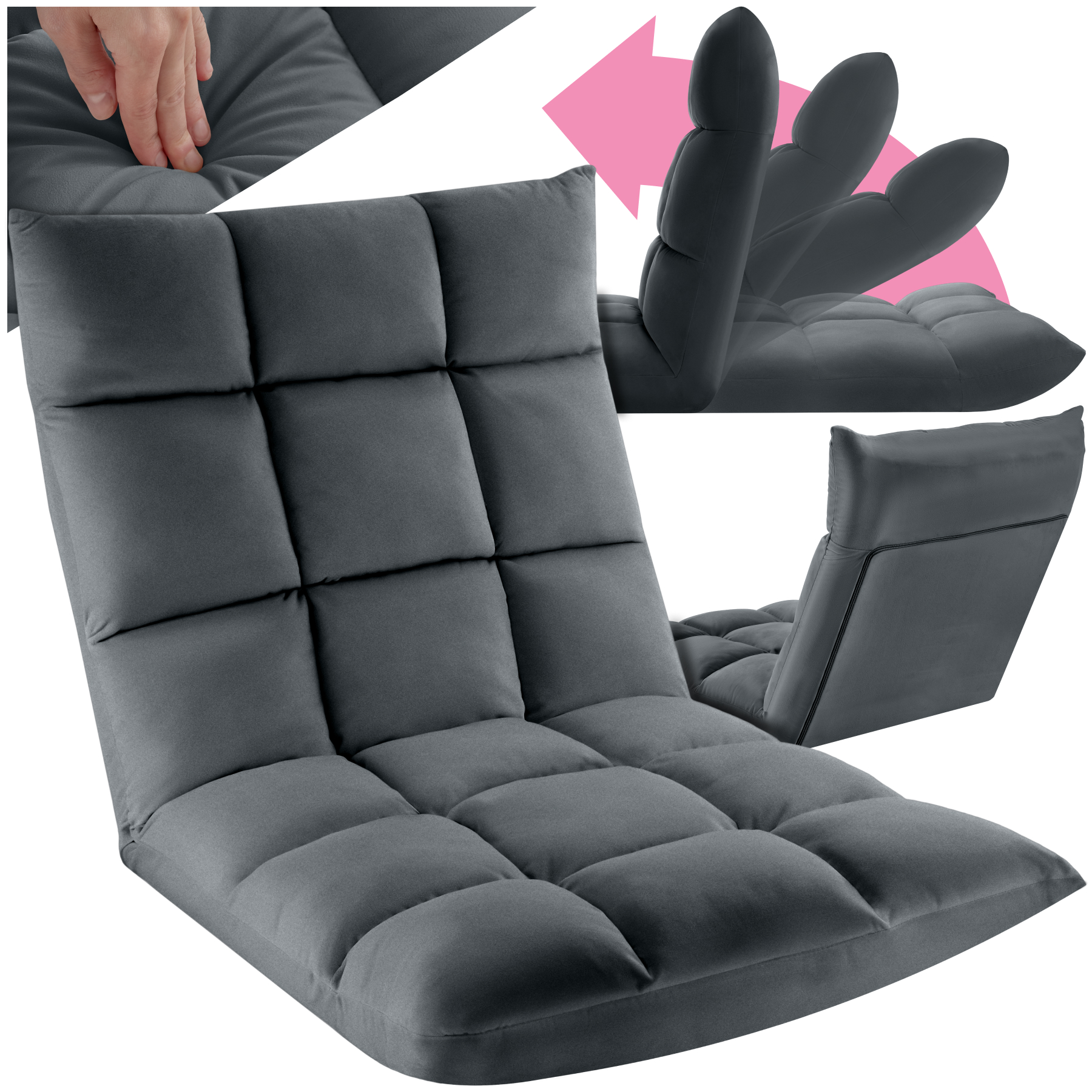 Fauteuil relax Snooze, 2 en 1, velours, réglable en 14 positions - gris de tectake