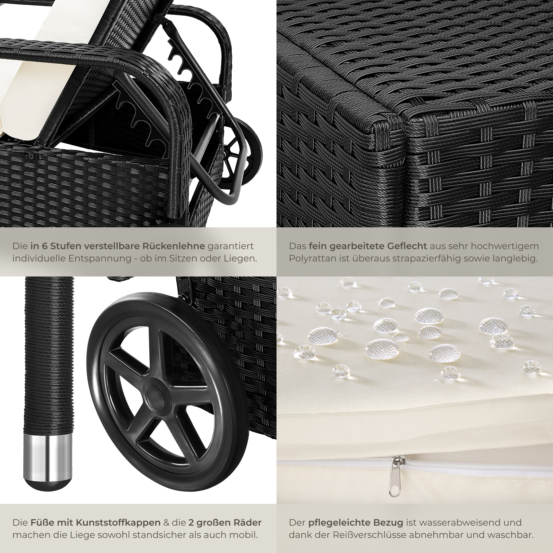 Sonnenliege klappbar Gartenliege Polyrattan Liegestuhl Strandliege robust 200 cm