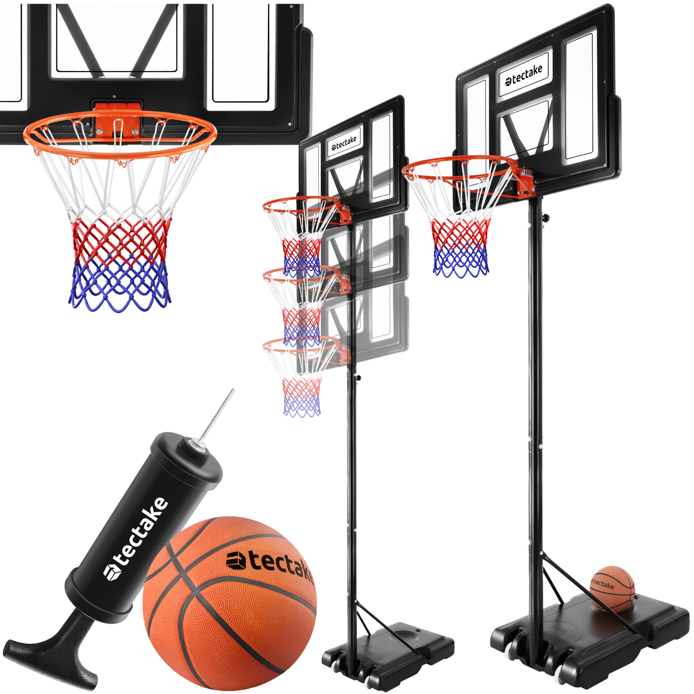 Panier de basket Dirk, hauteur de panier 230 - 305 cm, avec ballon et pompe - noir