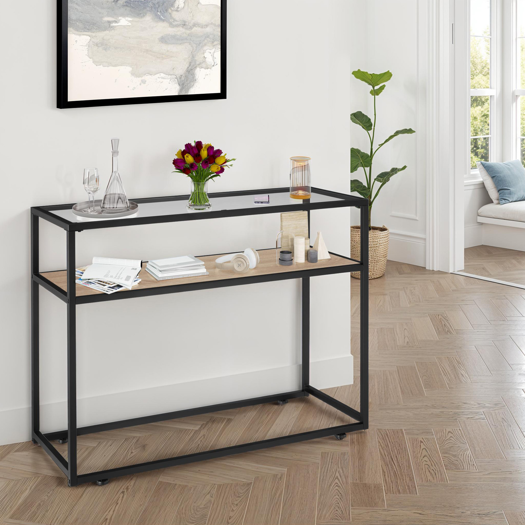 Tavolo console vetro corridoio tavolino appoggio 2 ripiani legno metallo - Foto 24 di 25