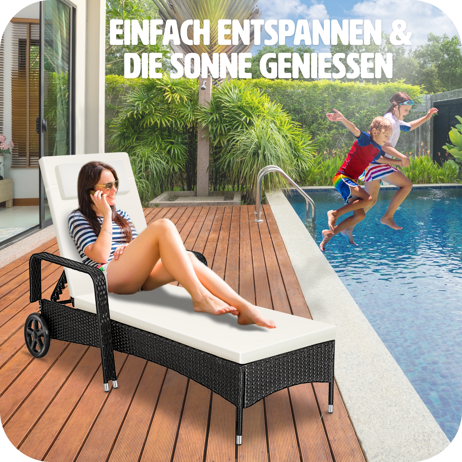 Sonnenliege klappbar Gartenliege Polyrattan Liegestuhl Strandliege robust 200 cm - Bild 8 von 145
