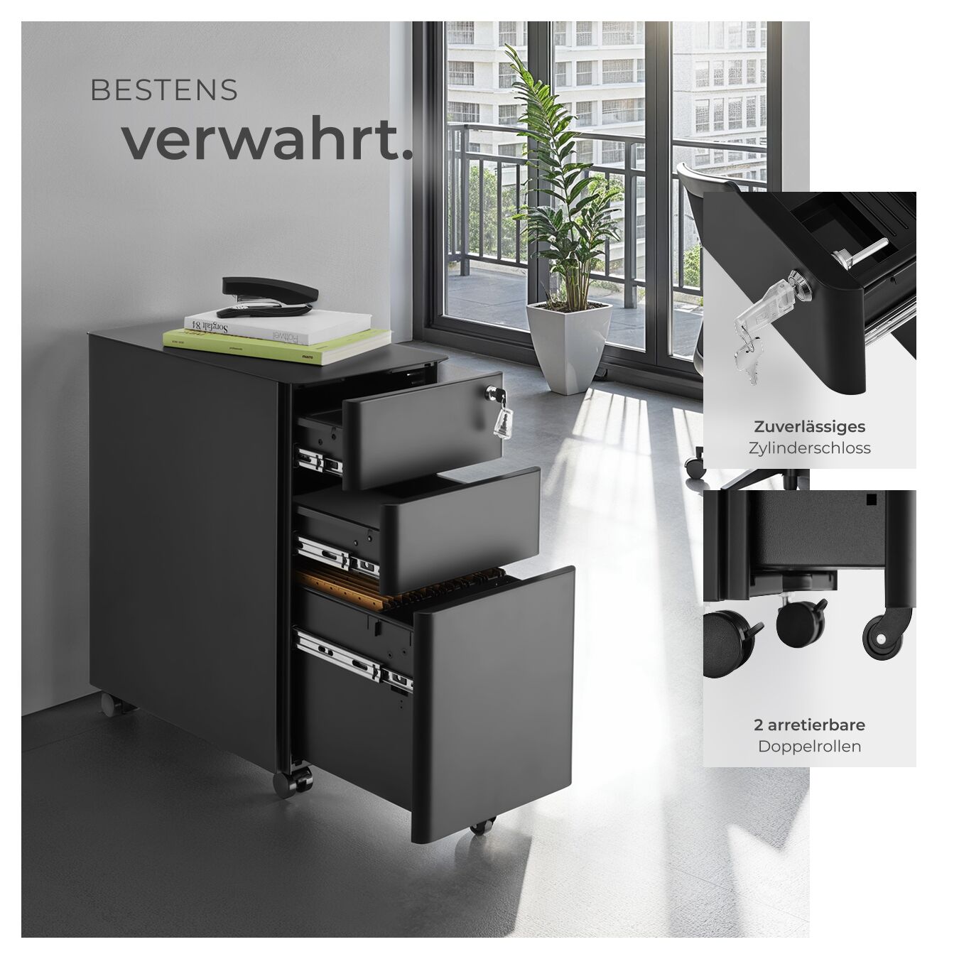 Rollcontainer 2 Schubladen Büroschrank Abschließbar Aktenschrank Hängeregister - Bild 5 von 25