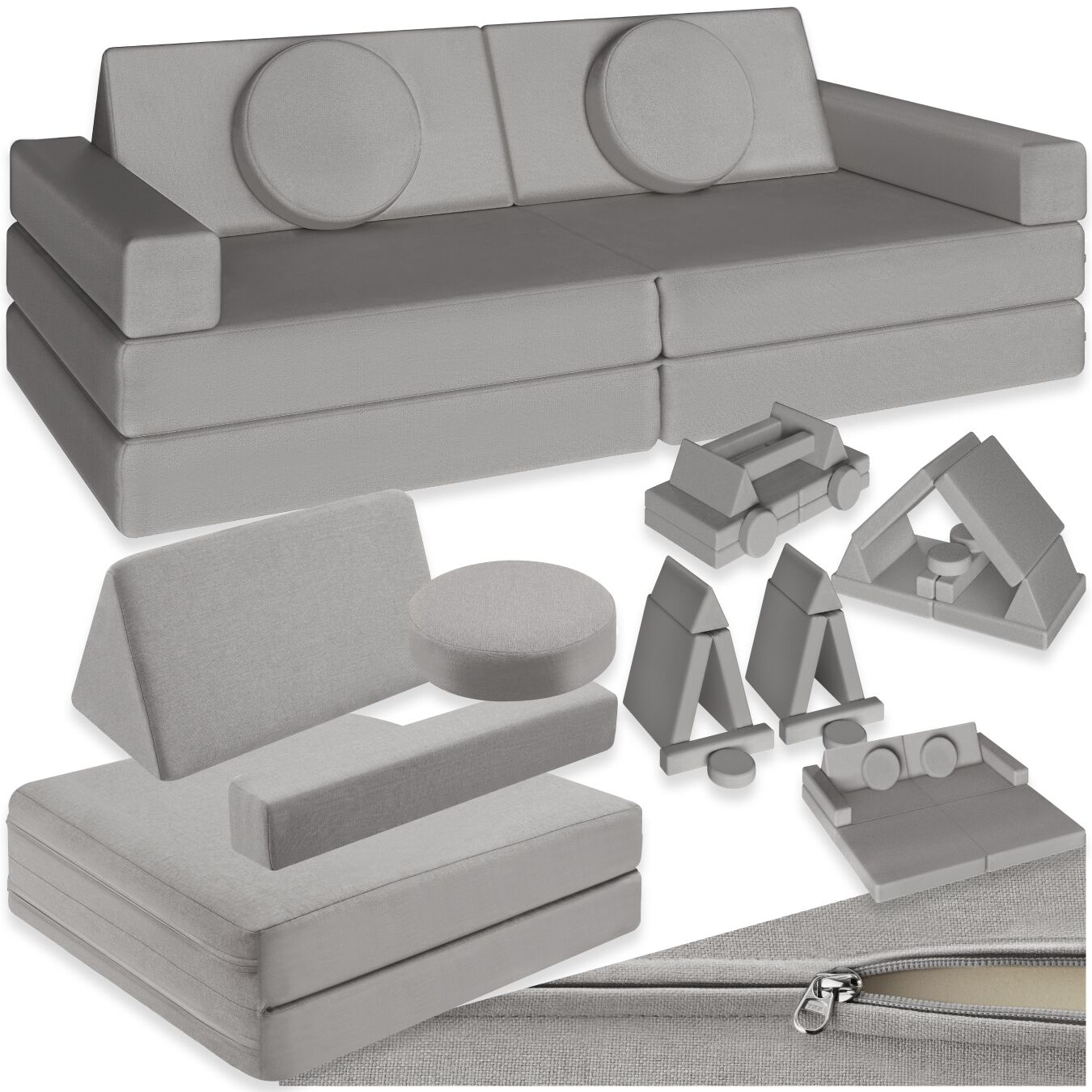 Kids Sofa Lilly - 8-piece, flexible arrangement play sofa, thick padding, removable covers - 160 cm, grey