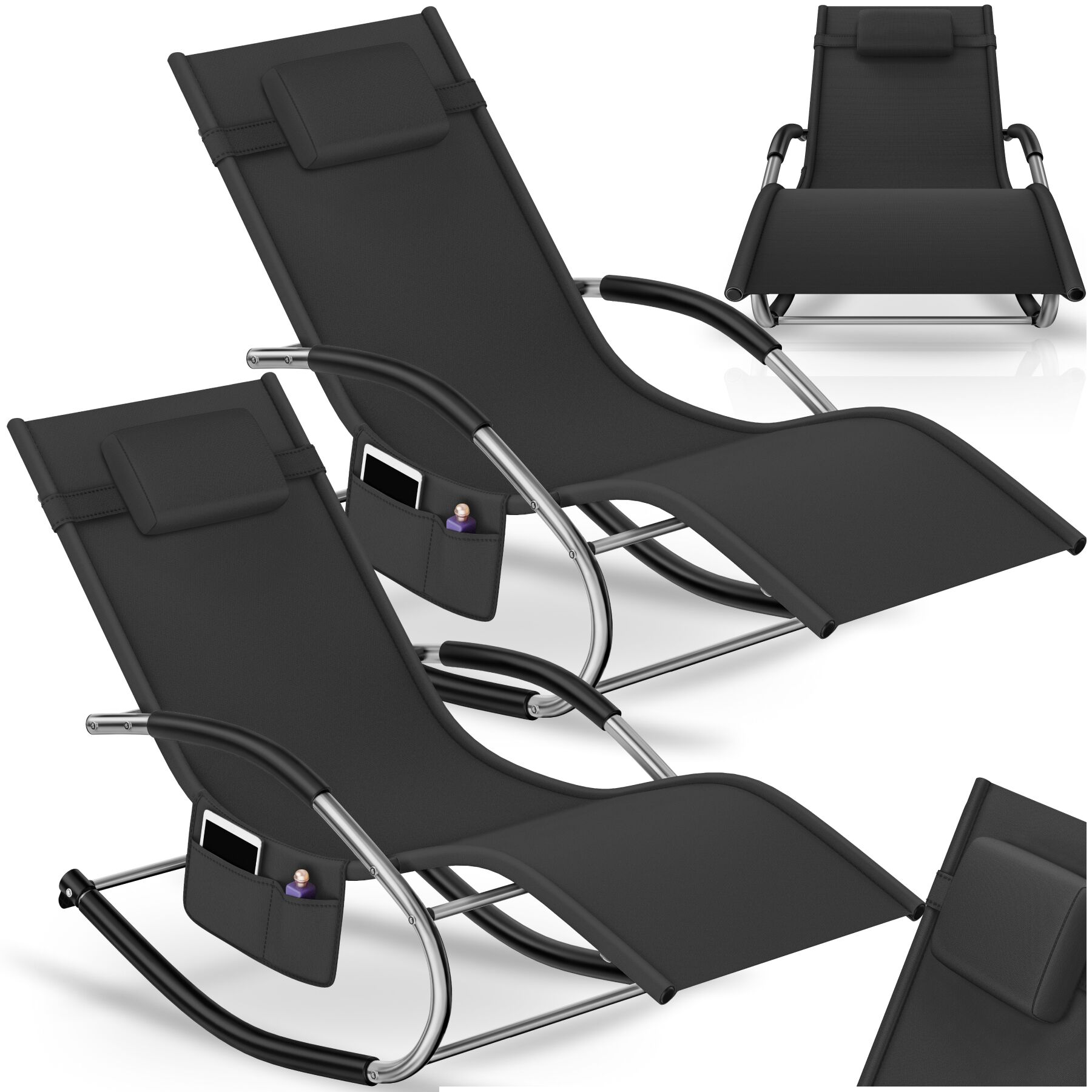 Chaise longue TAYA ergonomique avec fonction de balancement - noir, Lot de 2 | tectake