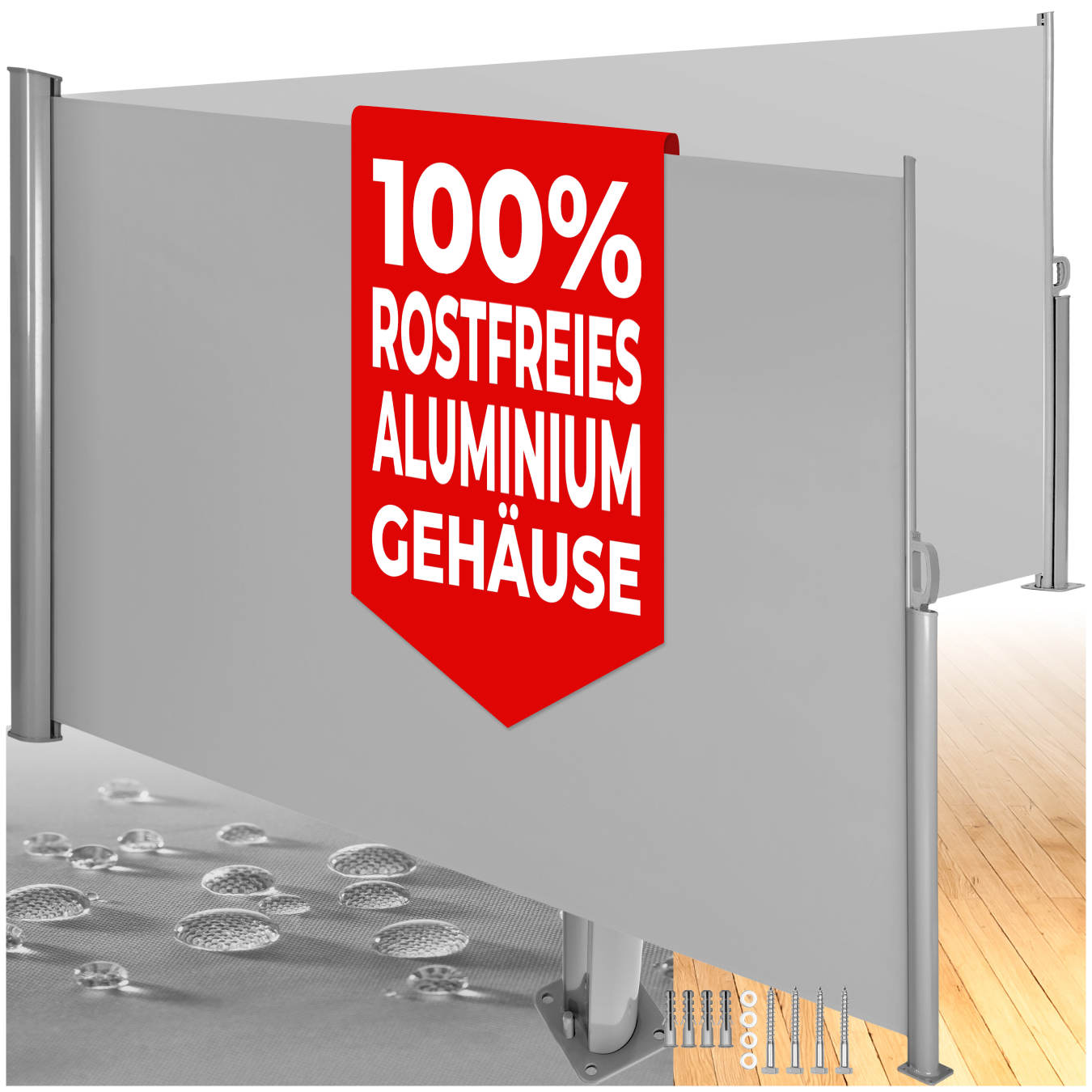 Aluminium Doppel Seitenmarkise ausziehbar mit Aufrollmechanismus - 200 x 600 cm, grau