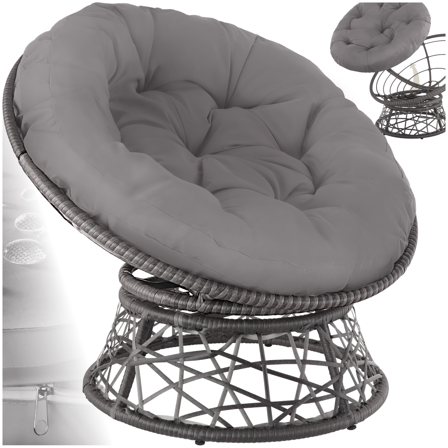 Fauteuil papasan en rotin Gargano rotatif - gris | tectake