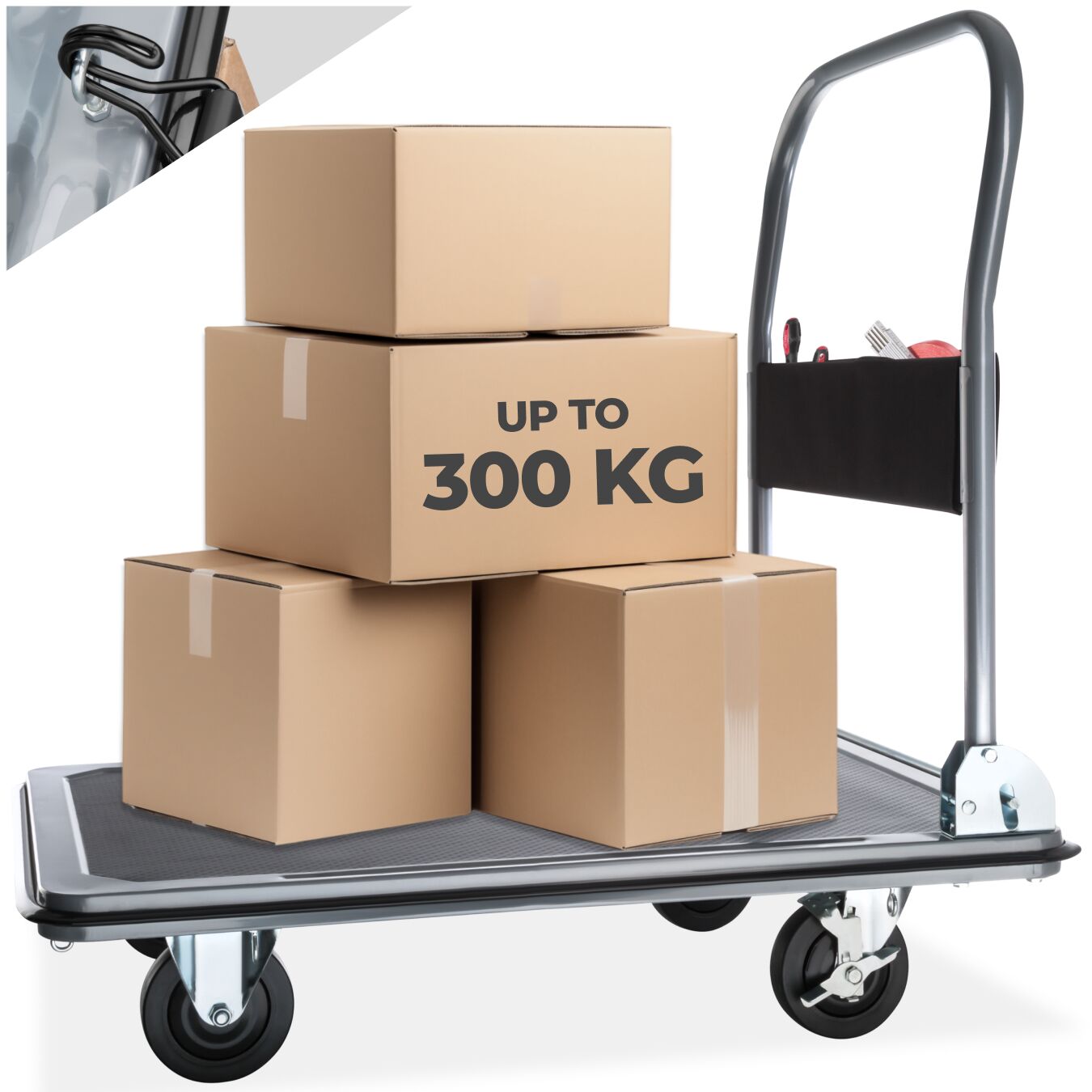 Folding Trolley - foldable handle, 2 fixed, 2 swivel castors, rubberised edge protection - black, 300 kg