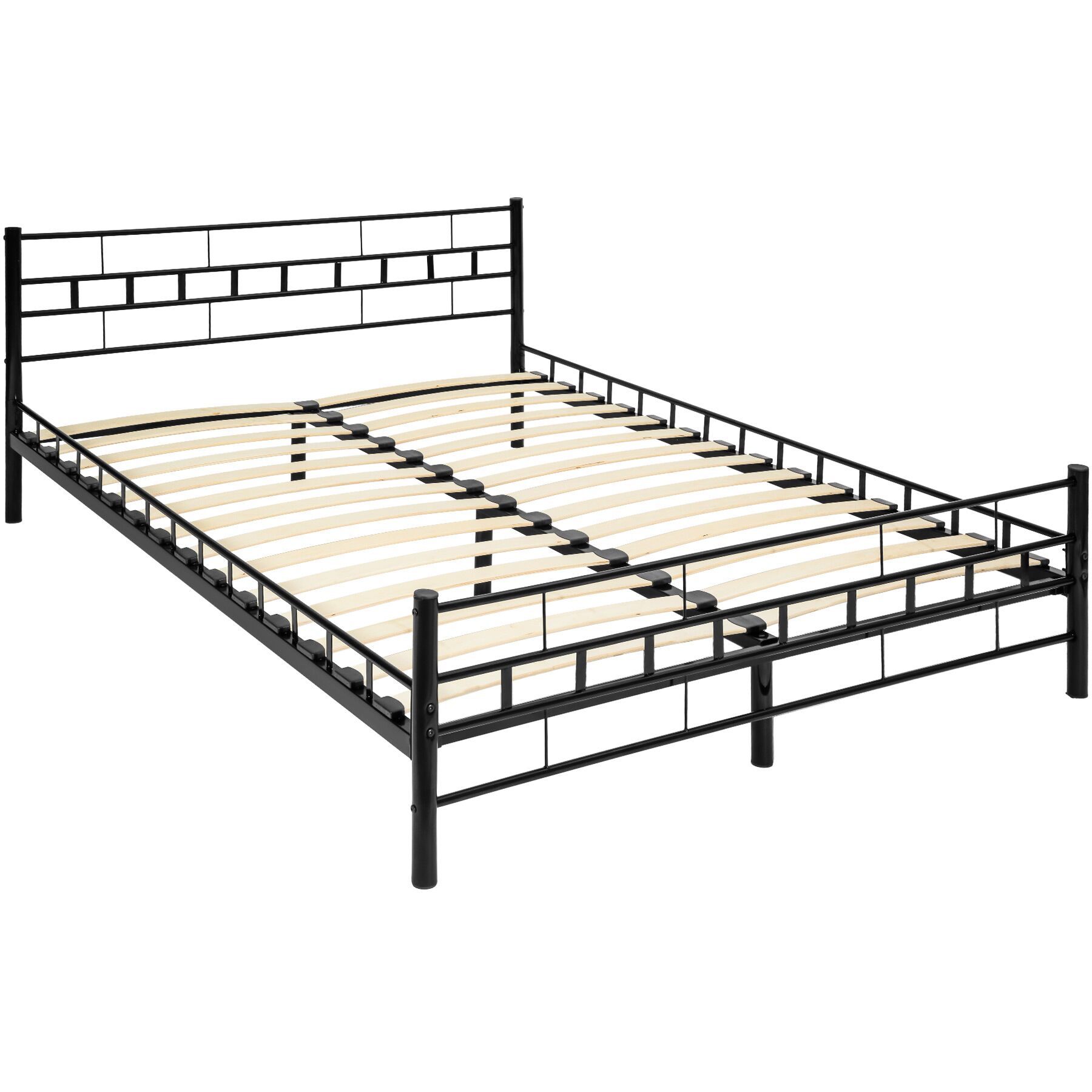Cama de casal com cabeceira e pé em aço e estrado de ripas de madeira - 200 x 140 cm, preto | tectake