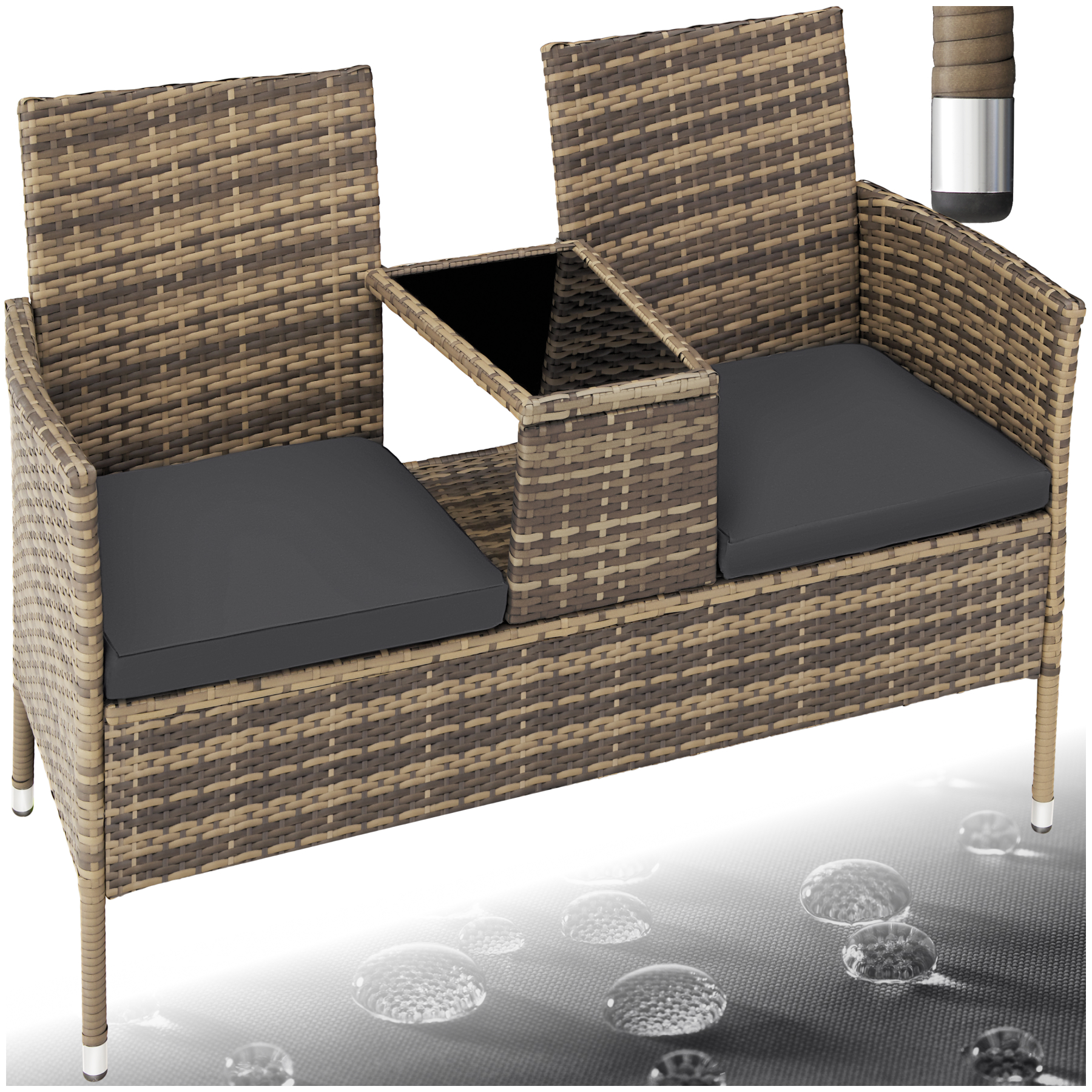 Rattan Gartensitzbank mit Tisch - natur/dunkelgrau - Rattanmöbel von tectake