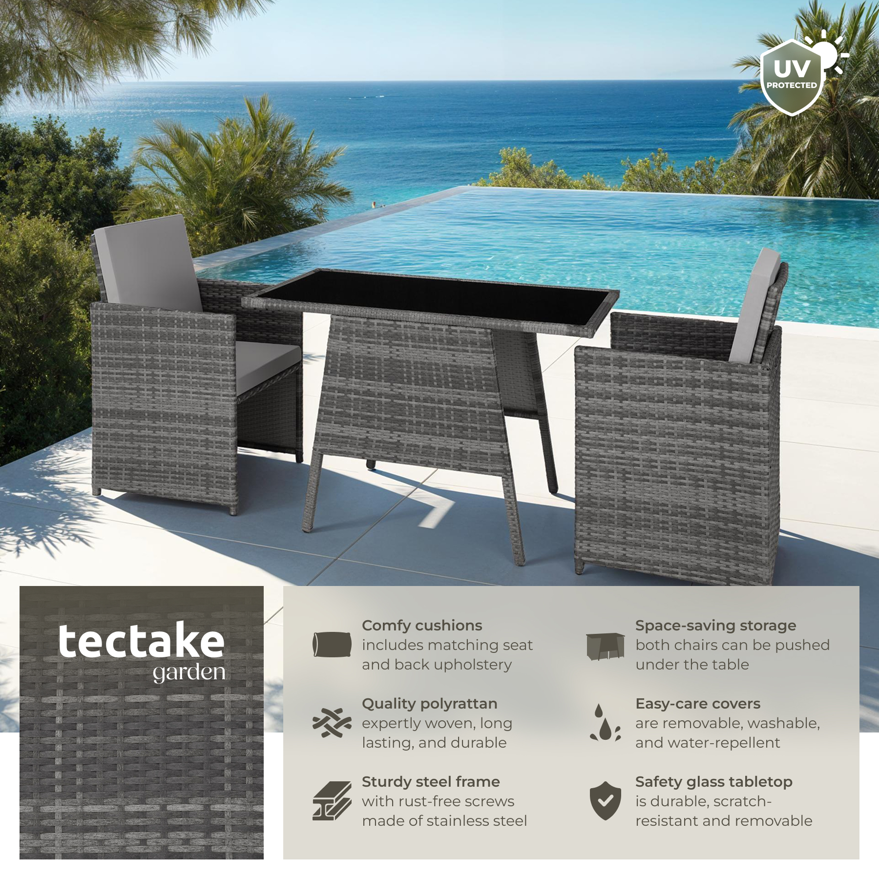 Garden bistro set in rattan | 2 chairs, 1 table | Outdoor Compact Furniture - Picture 15 of 49