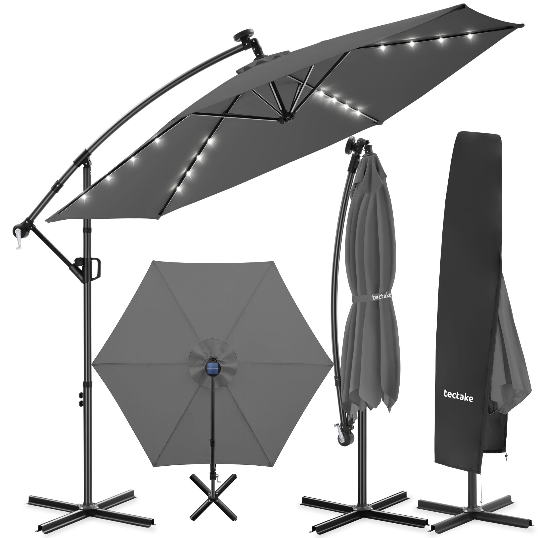 Artemis 360° Rotating Umbrella, LED Solar, 3 x 3 m - grey | tectake