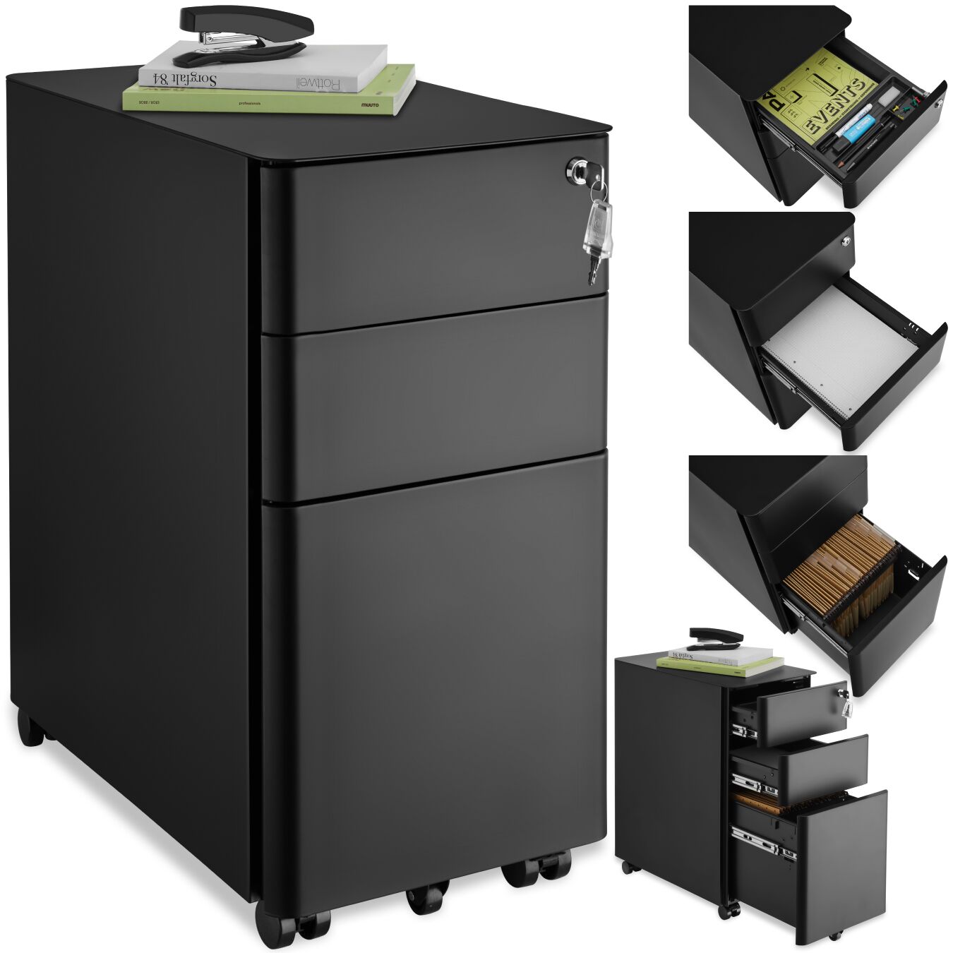 Caisson de bureau à roulettes Parvus, 2 tiroirs, 1 casier à dossiers suspendus - noir | tectake