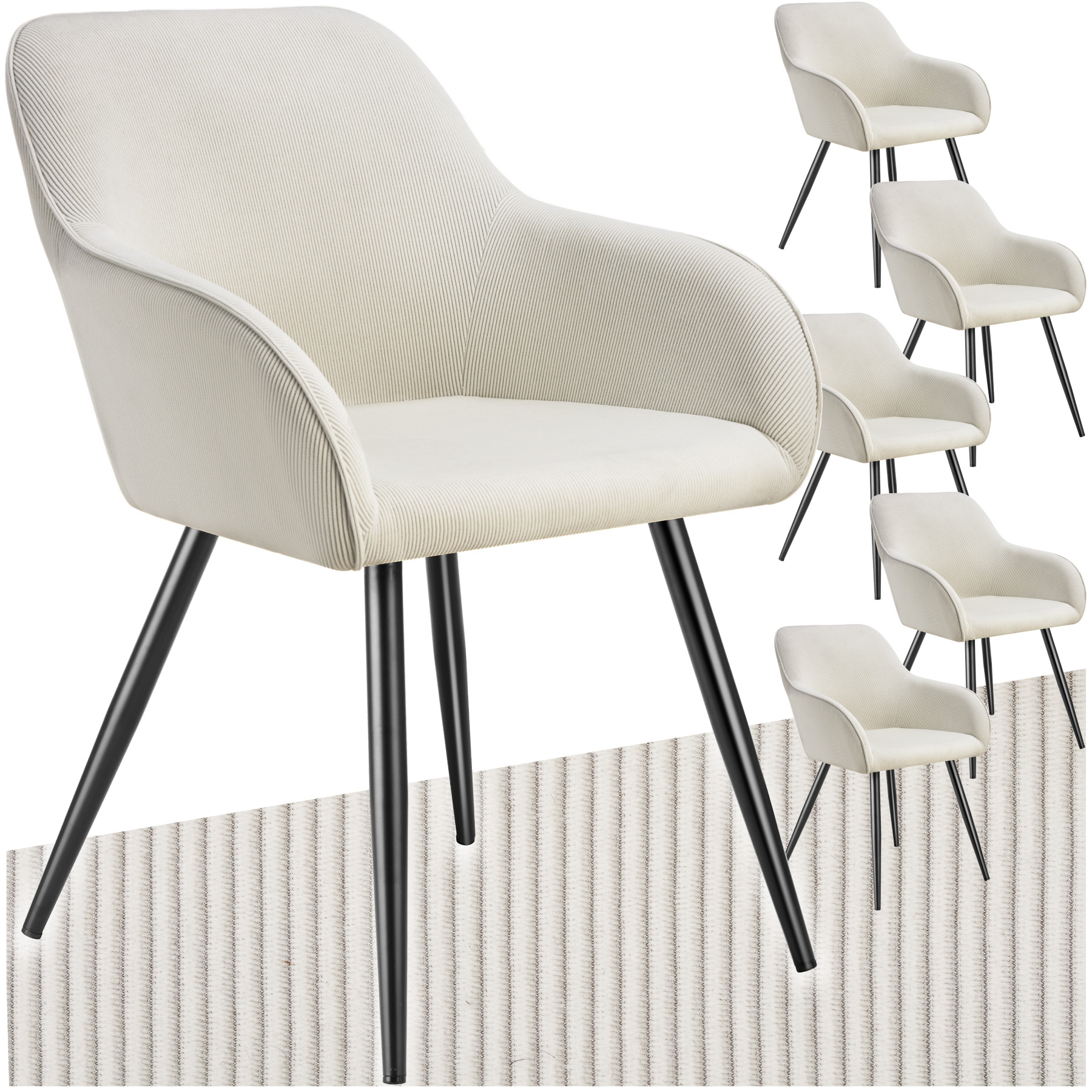 Dining Chair Marilyn - corduroy look, upholstered, armchair, continuous backrest - cream/black, Set of 6