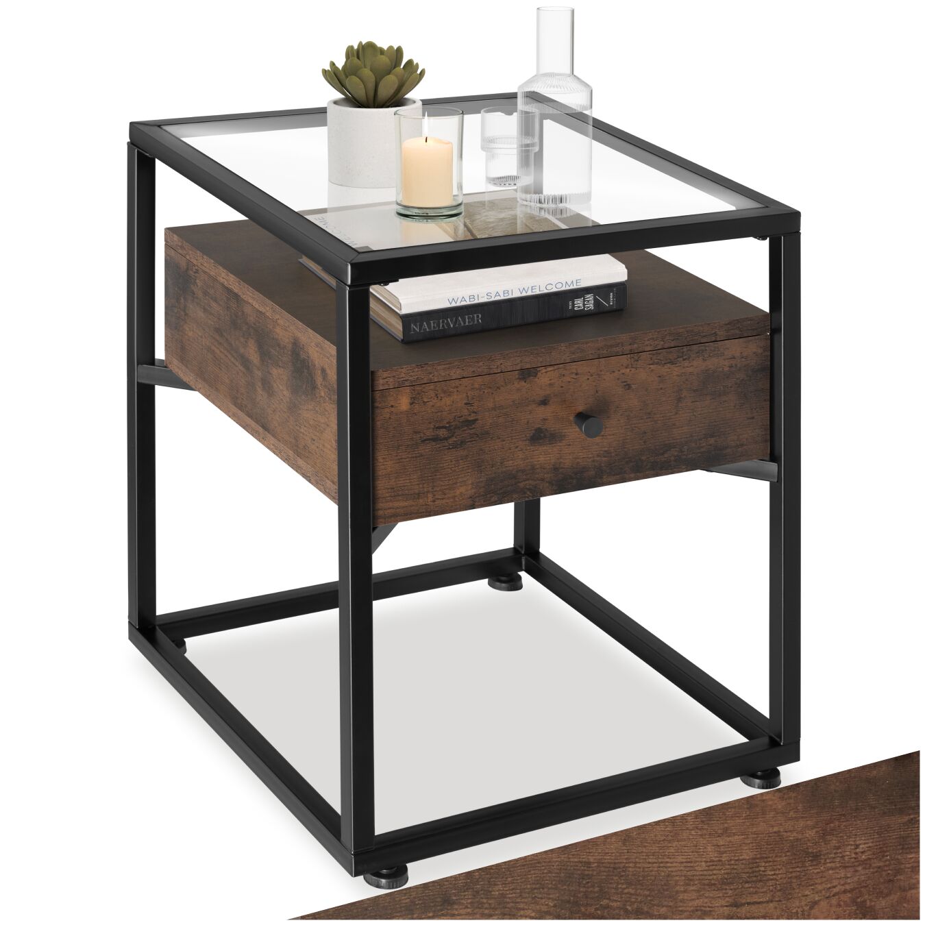 Nightstand with glass surface and drawer - Industrial wood dark, rustic | tectake
