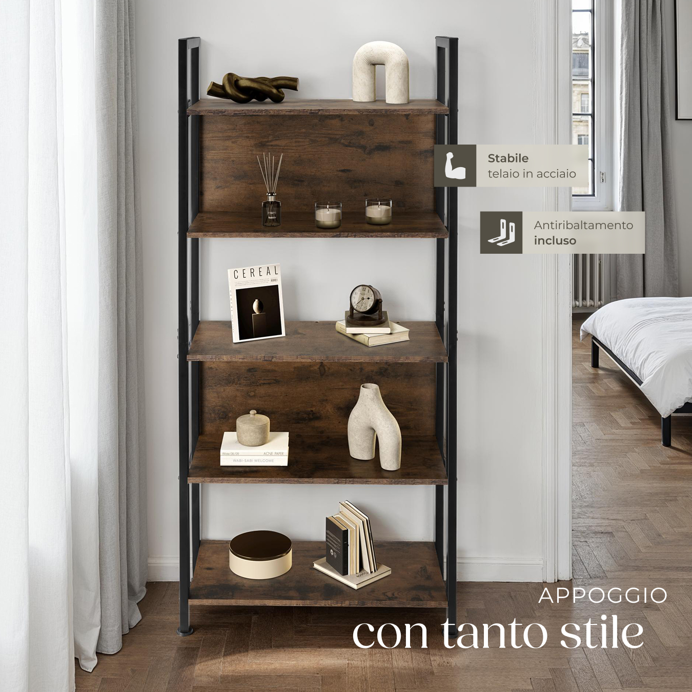 Scaffale scaffalatura alta libreria con 5 ripiani muro legno metallo industrial - Foto 9 di 25