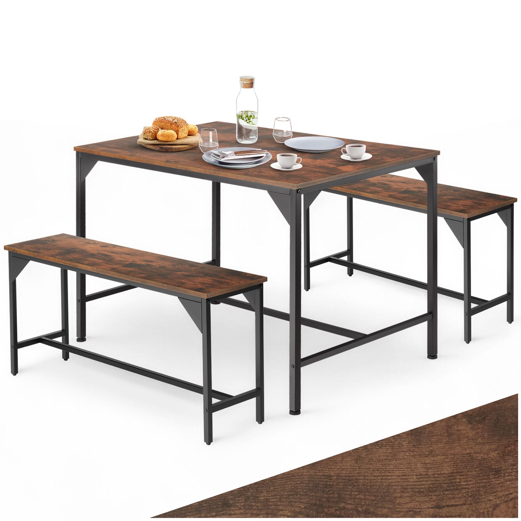 Dining Table Set Bolton - 3-piece, 2 benches - Industrial wood dark, rustic | tectake