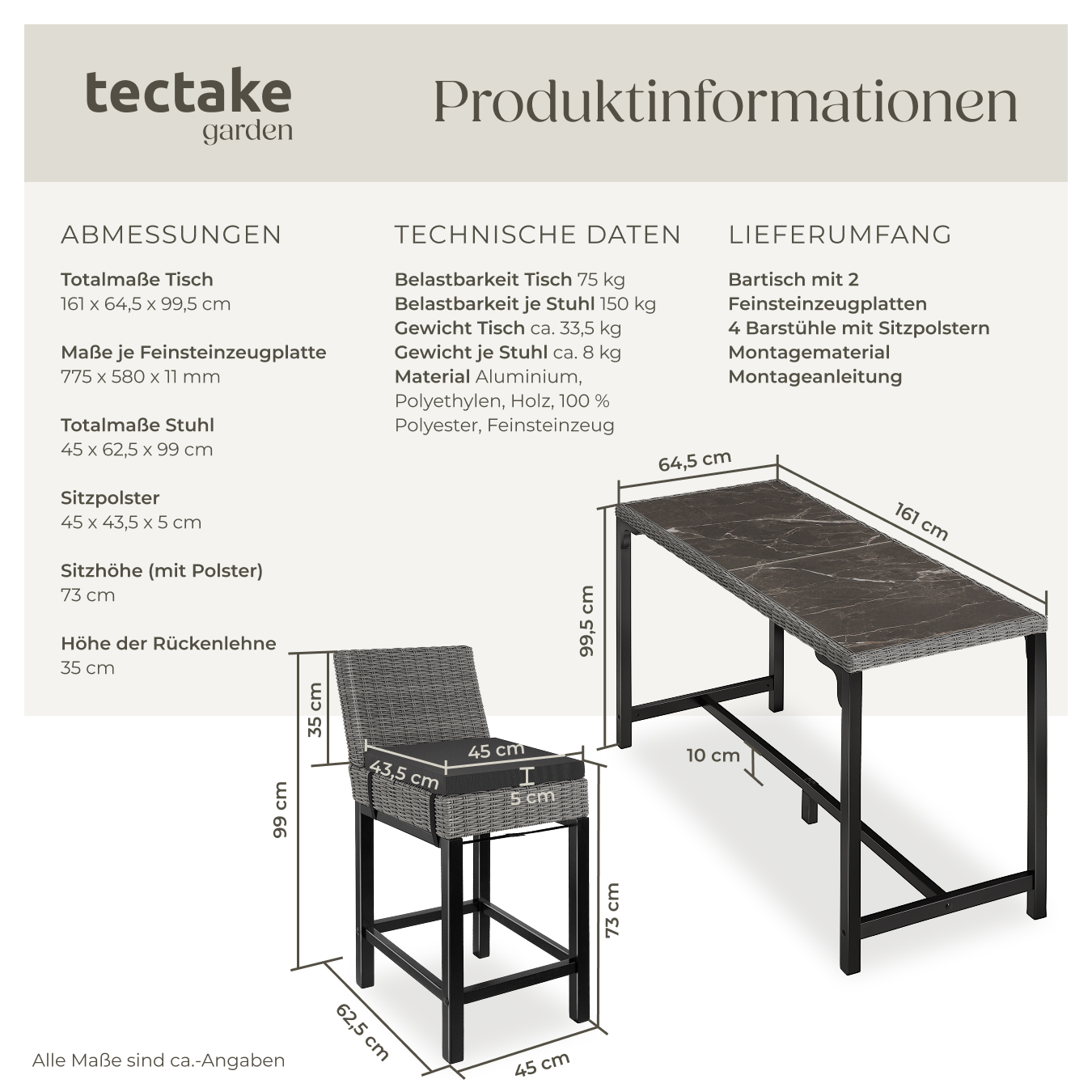 Alu Rattan Bartisch mit 4 Stühlen Barhocker Gartenbar Barset Marmor Optik Holz