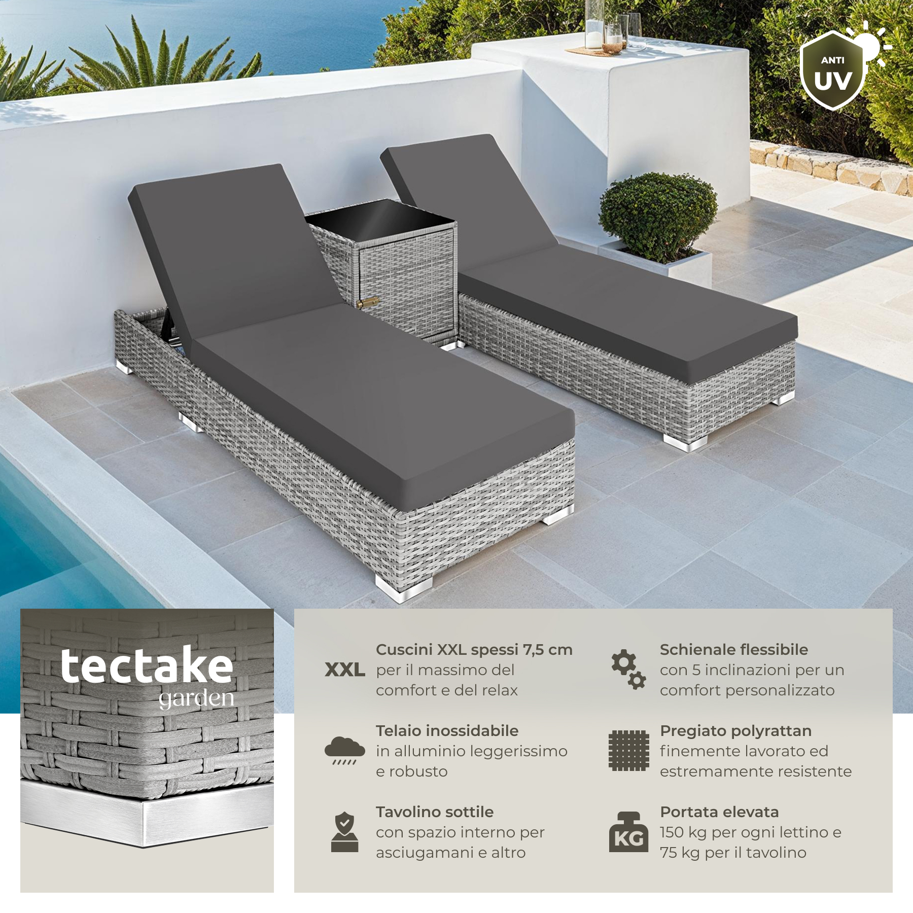 2 x sdraio in polyrattan + tavolo alluminio giardino rattan lettino mobili telo - Foto 45 di 67