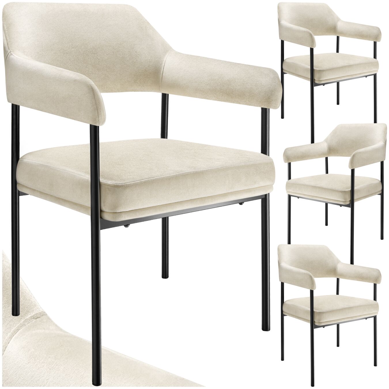 Armchair Doé - durable fabric, black powder-coated legs, 120 kg load, 58 x 62 x 85 cm - velvet look off-white, Set of 4 | tectake