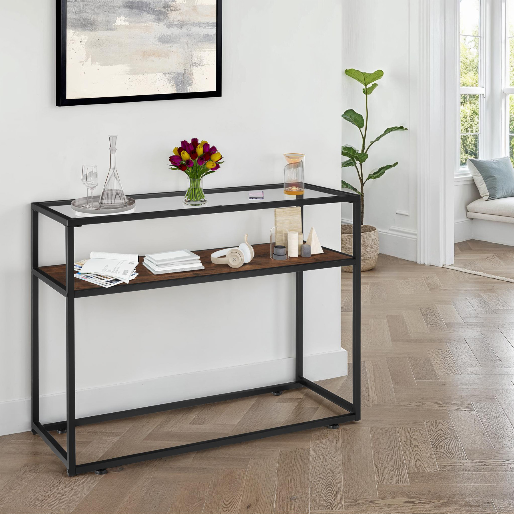 Tavolo console vetro corridoio tavolino appoggio 2 ripiani legno metallo - Foto 12 di 25