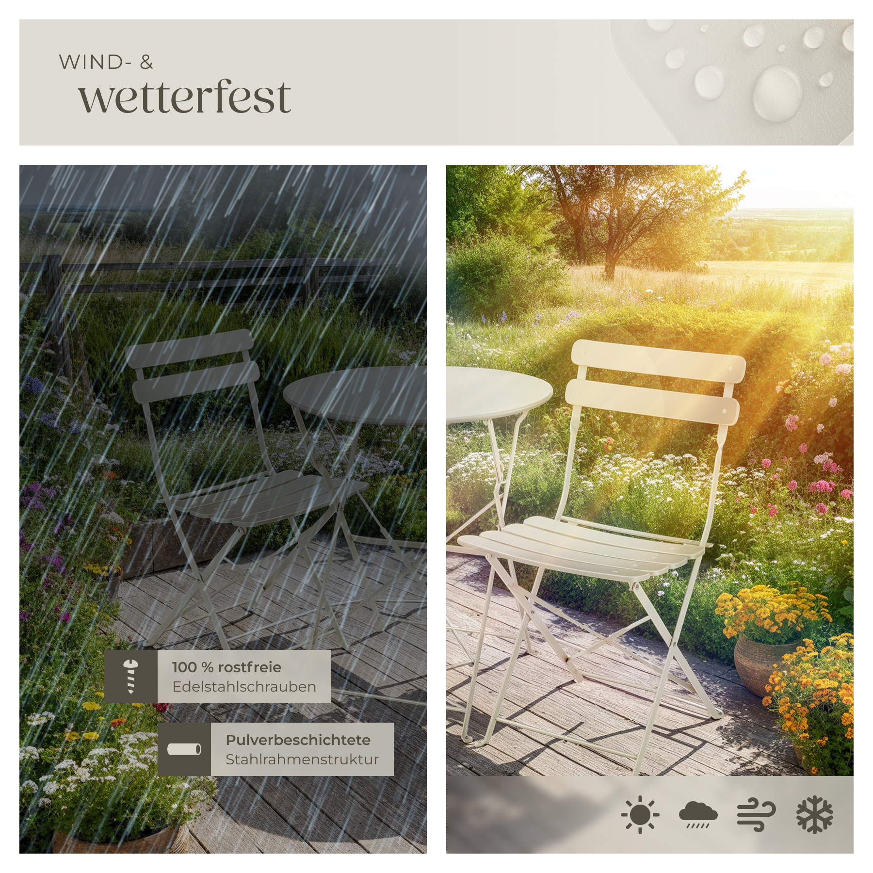 Bistrotisch Set 3-teilig Klapptisch Rund Stühlen Klappbar Gartenmöbel Outdoor