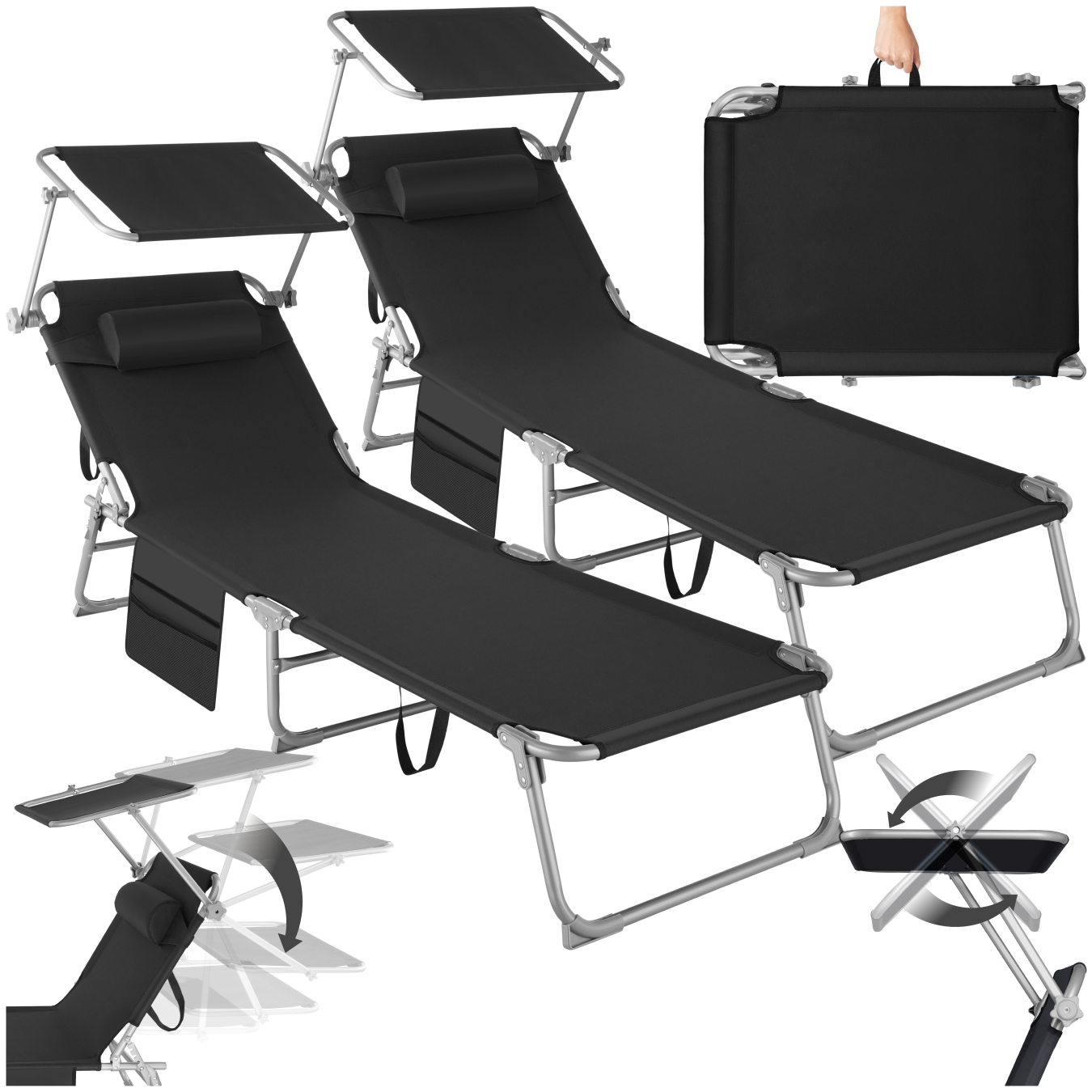 tectake - Lot de 2 bains de soleil Chloé 4 positions avec appui-tête et pochette - noir