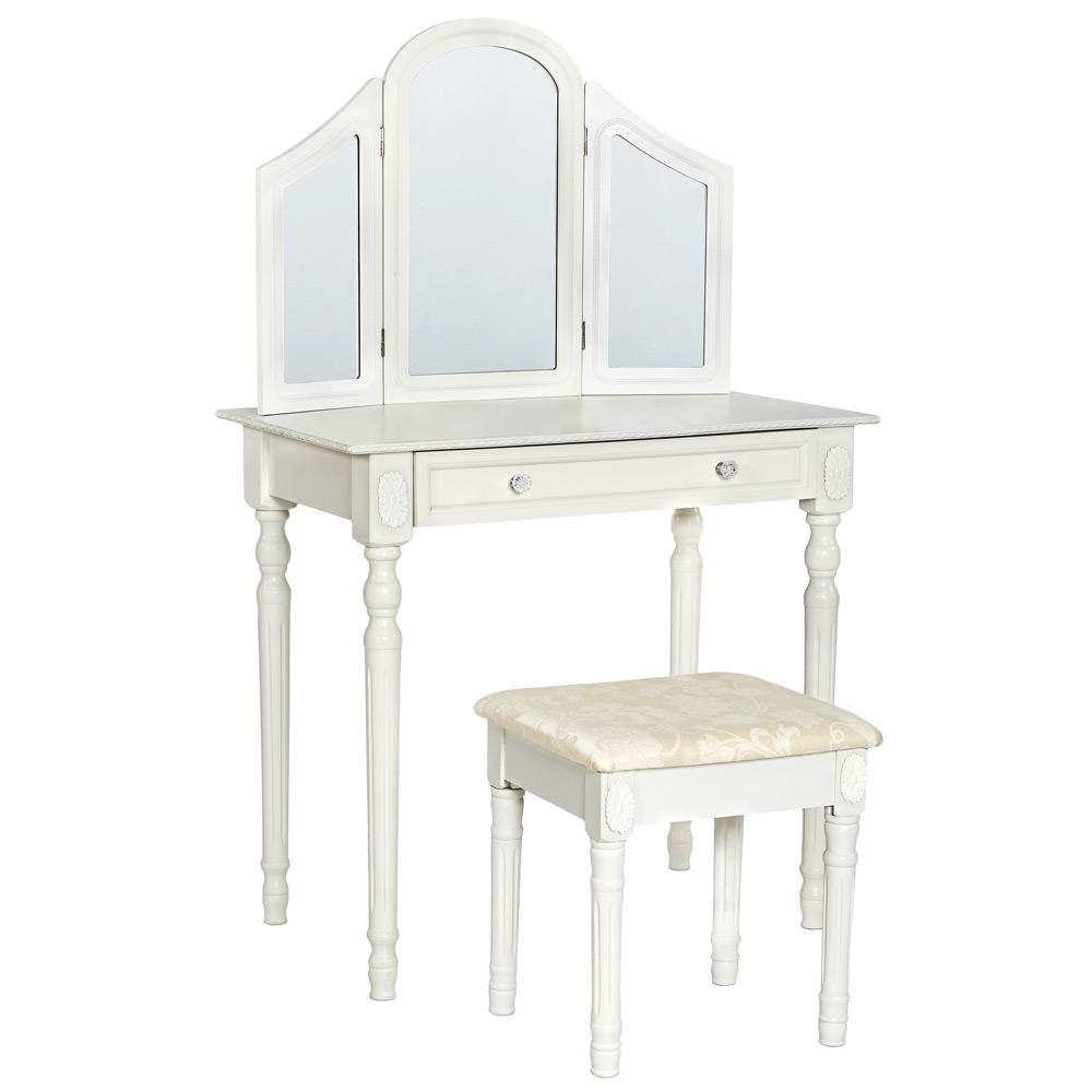 Coiffeuse meuble avec miroir 3 faces rabattable + Tabouret - blanc | tectake