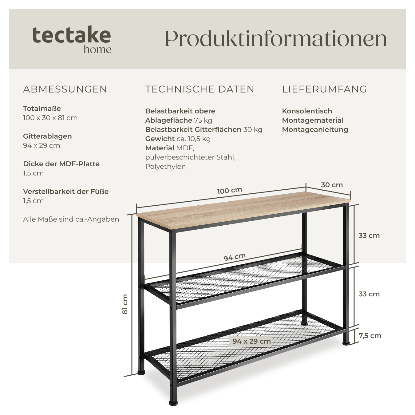 Konsolentisch Beistelltisch Anrichte Flurtisch Sideboard Industrial Look schwarz